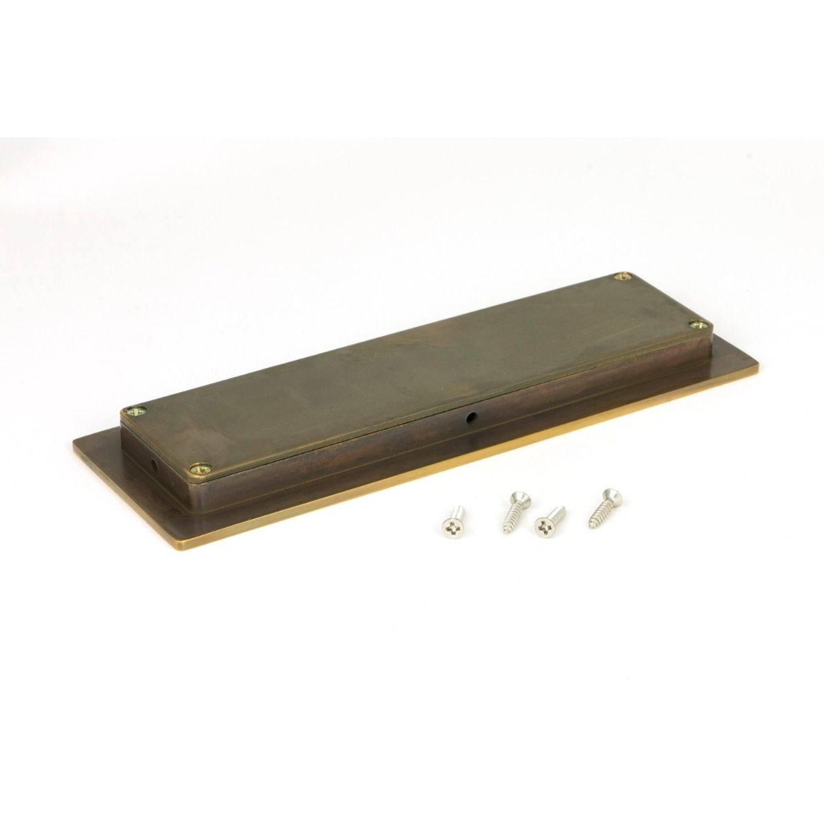 The 175mm Plain Rectangular Flush Pull Handle in Aged Brass Shown from Behind with Supplied Fitting Screws