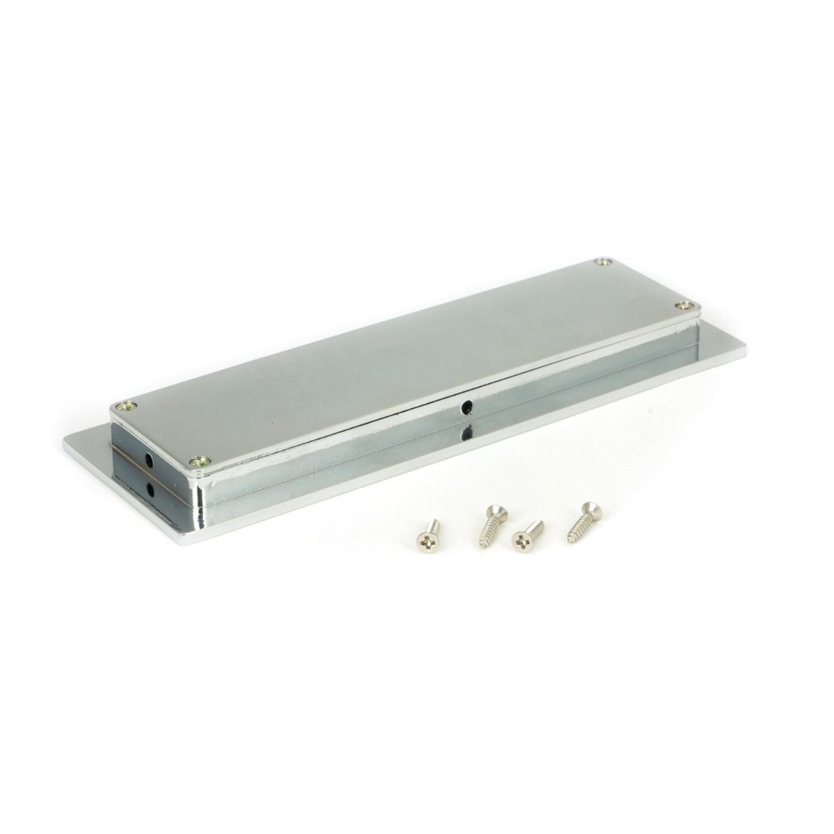 The 175mm Plain Rectangular Flush Pull Handle in Polished Chrome Shown from behind on a White Background with Supplied Fitting Screws