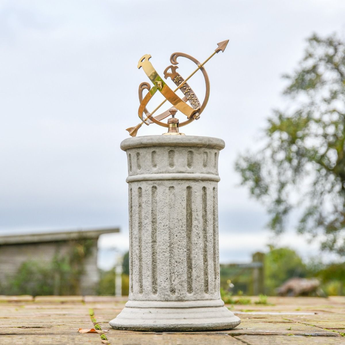 The 17cm "Profatius" Antique Brass Armillary on a Grey Stone Pillar