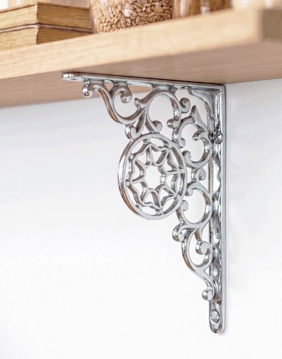 The 17cm x 13cm "Harrison" Chrome Shelf Bracket Mounted on a White Interior Kitchen Wall - Digital Illustration 