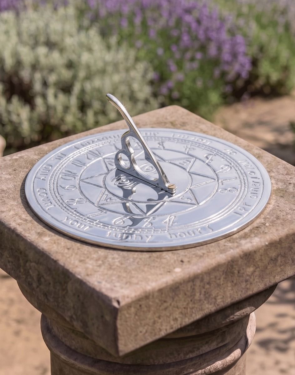 The 180mm Bright Chrome Compass Point Sundial Mounted on a Stone plinth in a Sunny Lavendar Garden - Digital Illustration