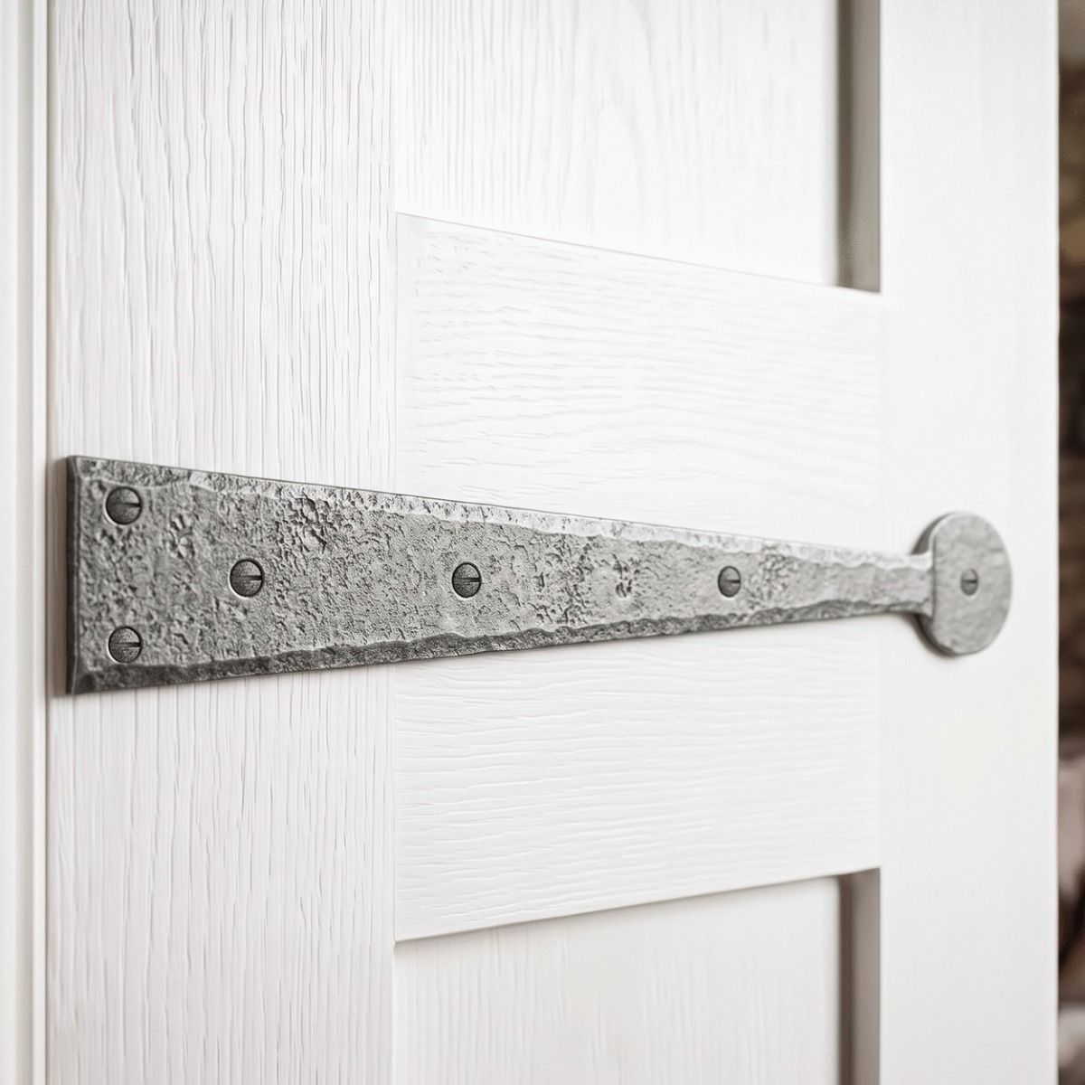 The 18" Pewter Traditional Hinge Front Fitted to a White Timber Door inside a Modern Home - Digital Illustration