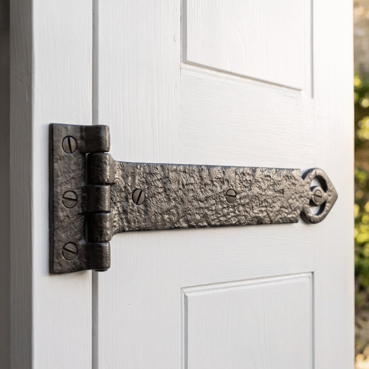 The 18 Inch Antique Black Malleable Iron Door Hinge With Heavy Strap (Pair) on the A White Door Inside a Country Home - Digital Illustration