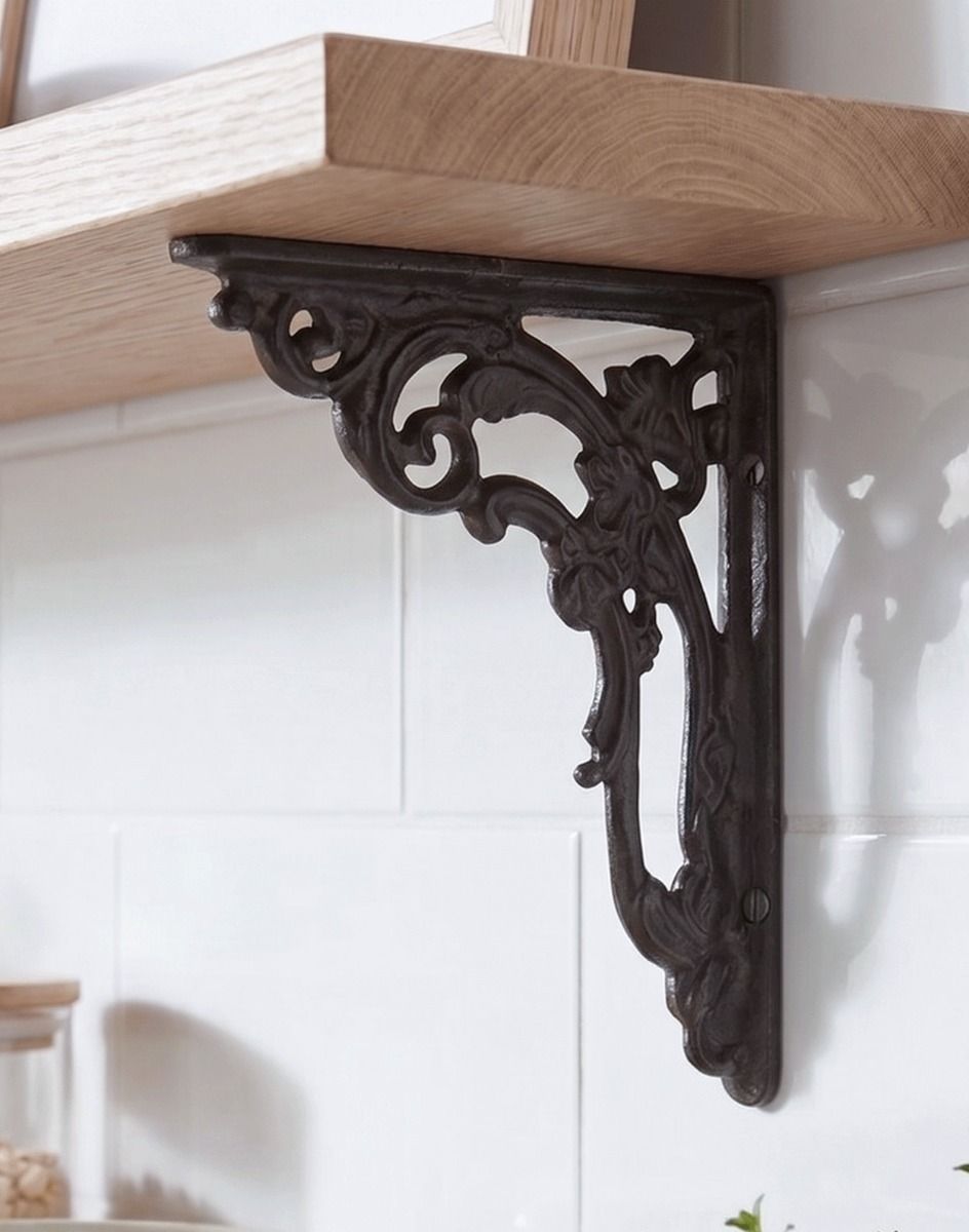 The 18 x 14cm Ornate "Victorian Amalina" Scroll Bracket Small in a Cast Iron Finish Mounted on a DIY Wooden Shelf in a Modern Kitch - Digital Illustration