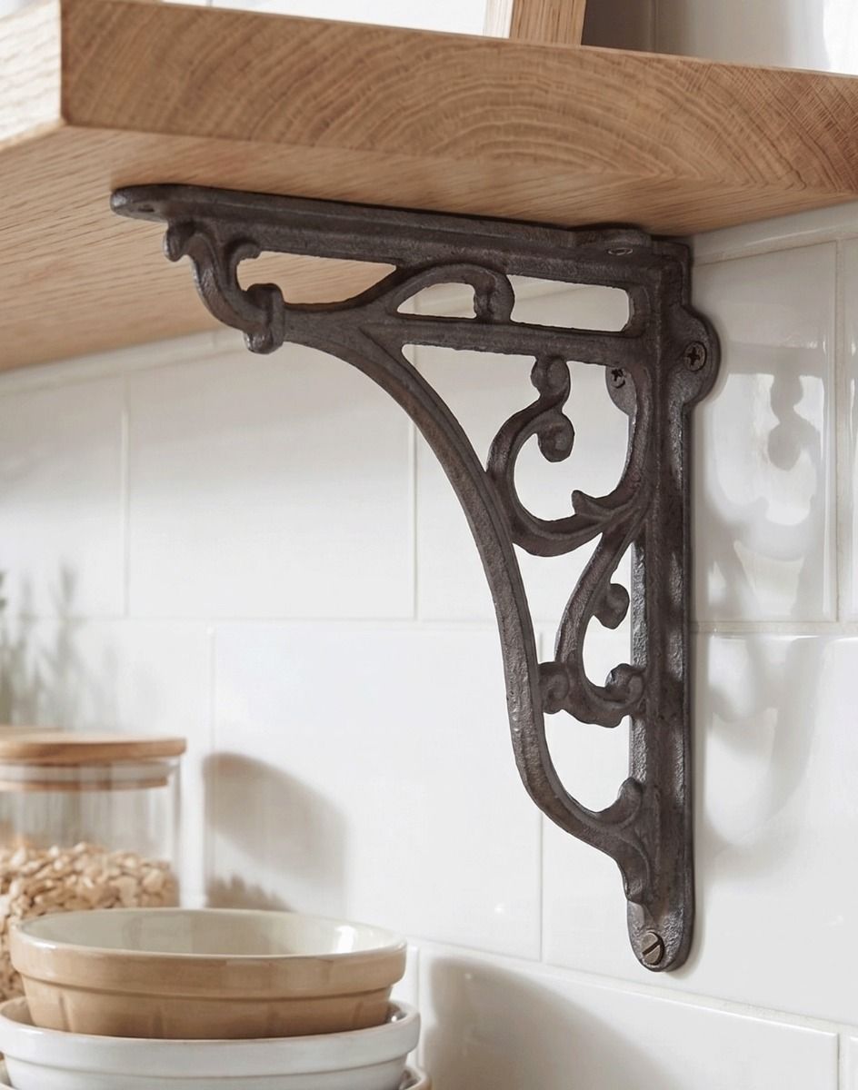 The 18 x 18cm Cast Iron Ornate Shelf Bracket Mounted on a Wooden Shelf in a Modern Tiled Kitchen - Digital Illustration 