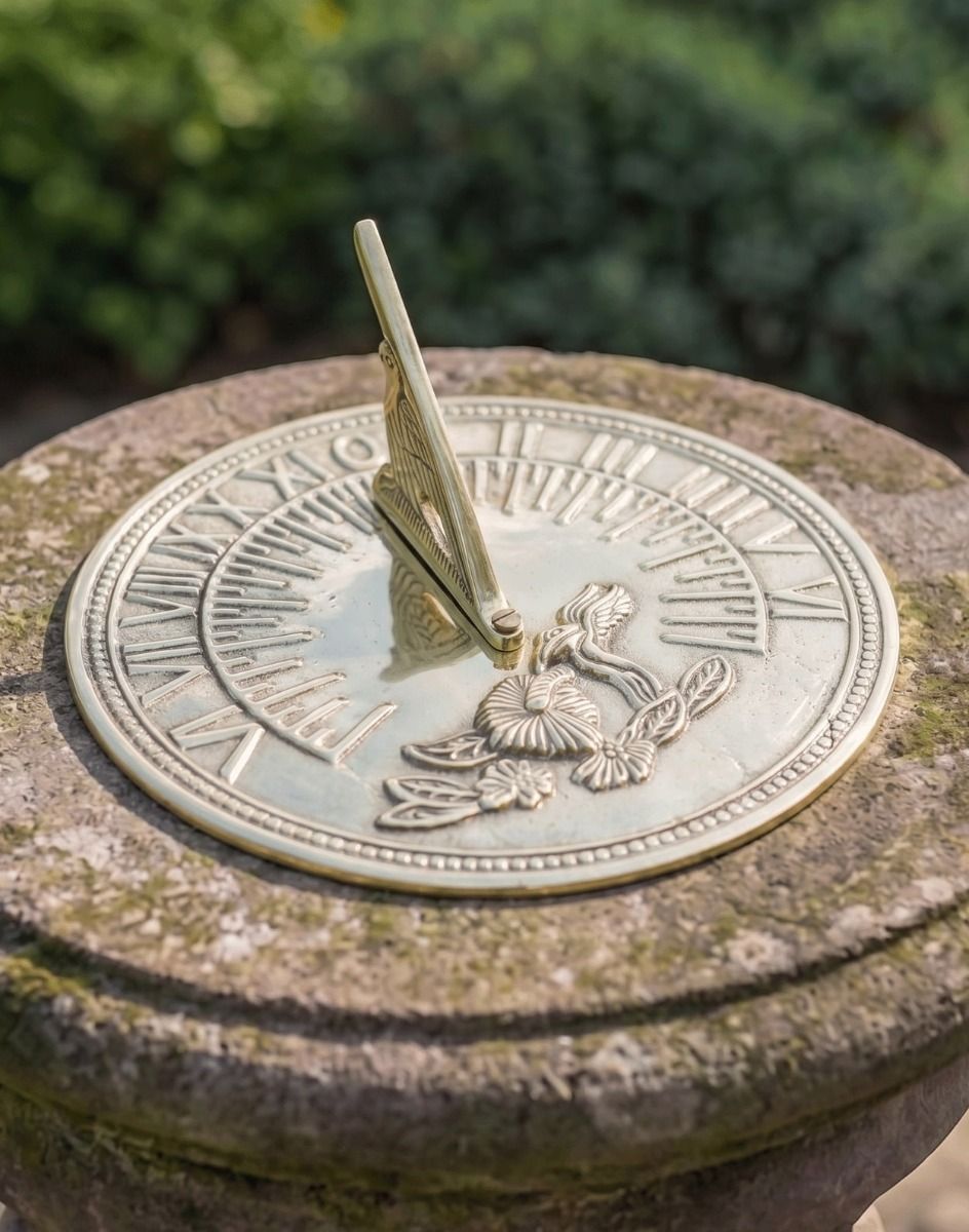 The 190mm Polished Brass Hummingbird Sundial Fitted on a Stone Garden Pillar - Digital Illustration 