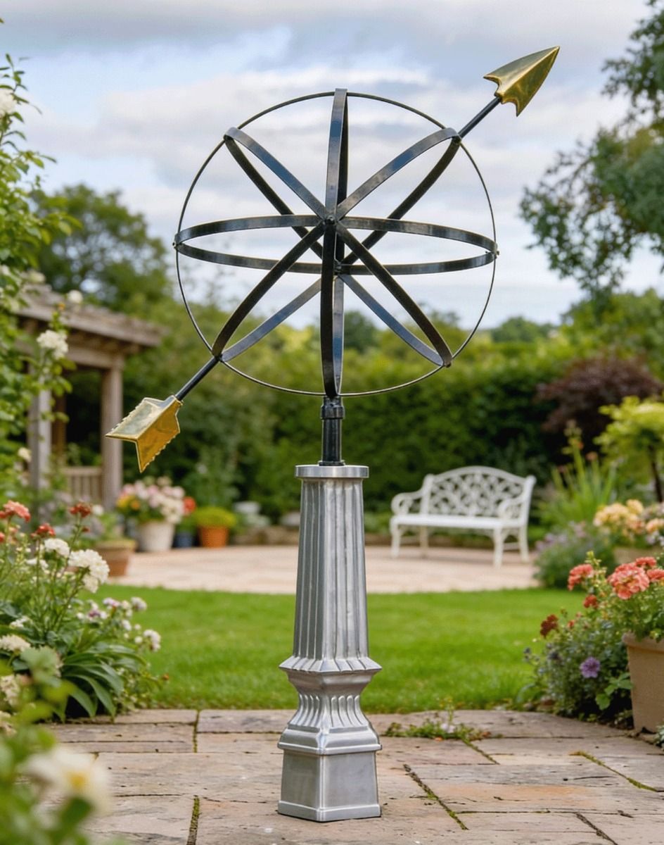 The 196cm "Millennium Globe" Armillary placed in an Ornate Garden with Garden Bech Behind - Digital Illustration