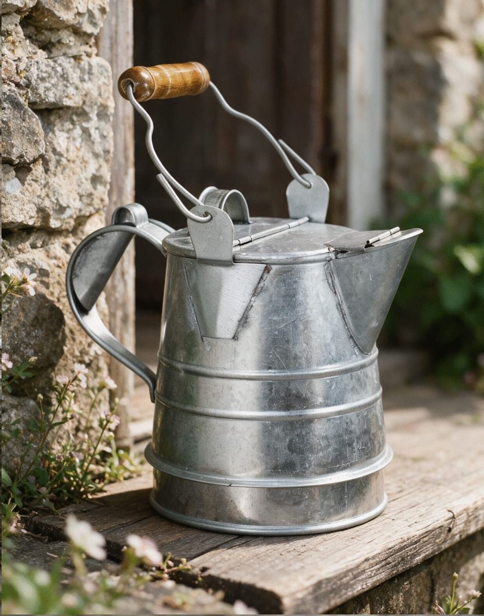 The 1 Gallon Galvanised Buckby Traditional Style Watering Can Shown on a Rustic Window Ledge Outside - Digital Illustration