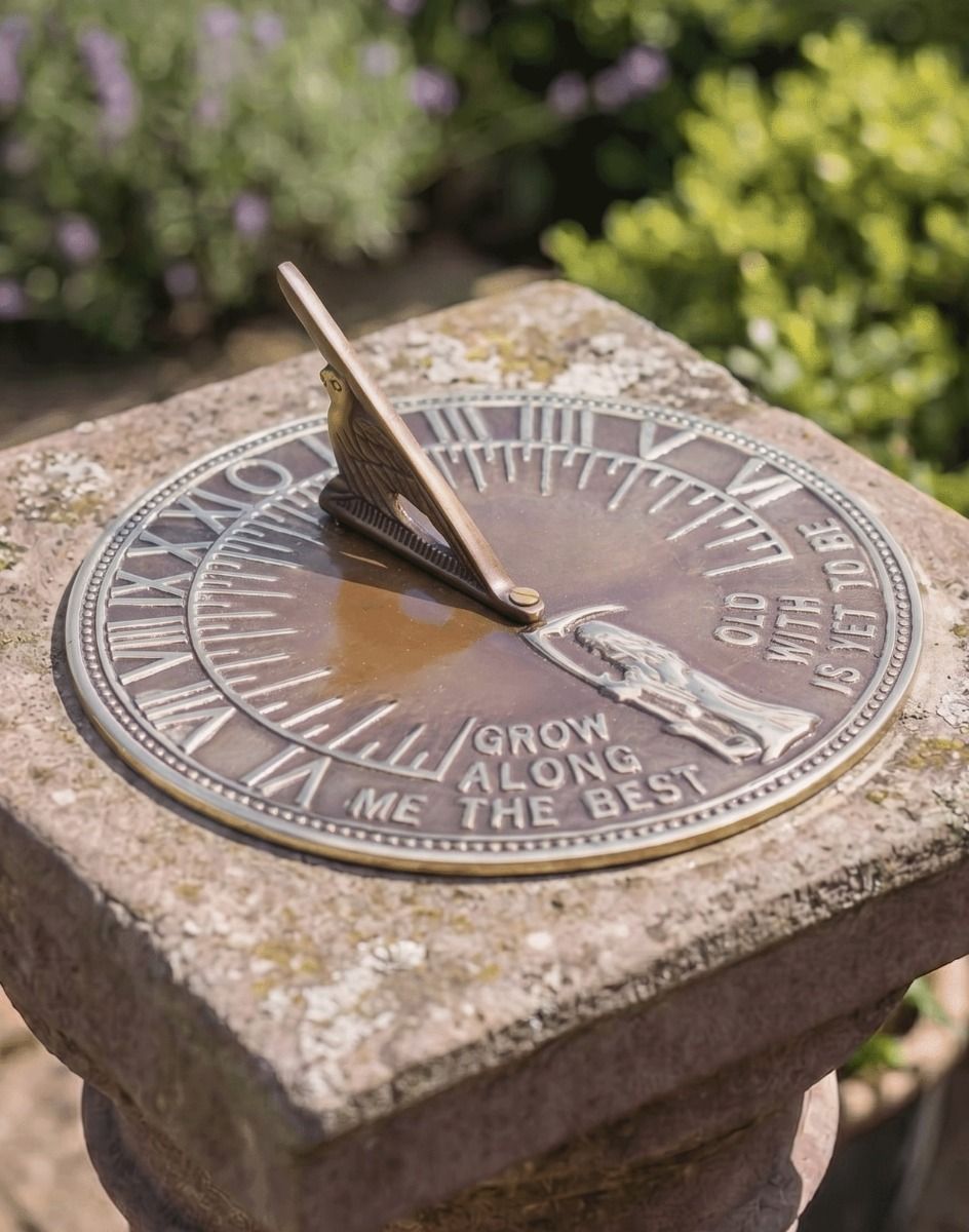 The 200mm Antique Brass "Old Father Time" Sundial Viewed from Above on a Sunny Stone Garden Pillar - Digital Illustration