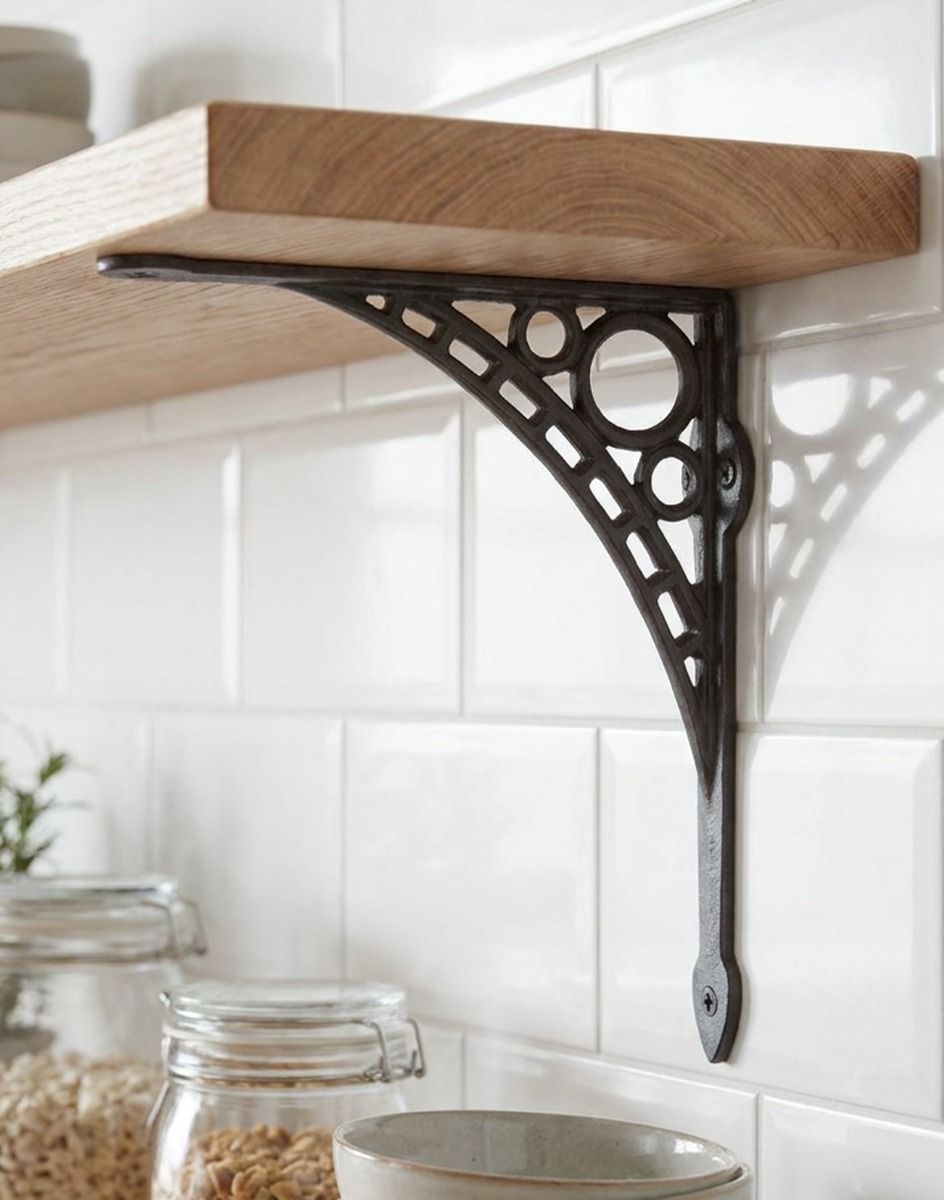 The 20cm x 22cm "Iron Bridge" Cast Iron Shelf Bracket Mounted on a Contemporary Interior Tiled Wall on a DIY Wooden Shelf - Digital Illustration