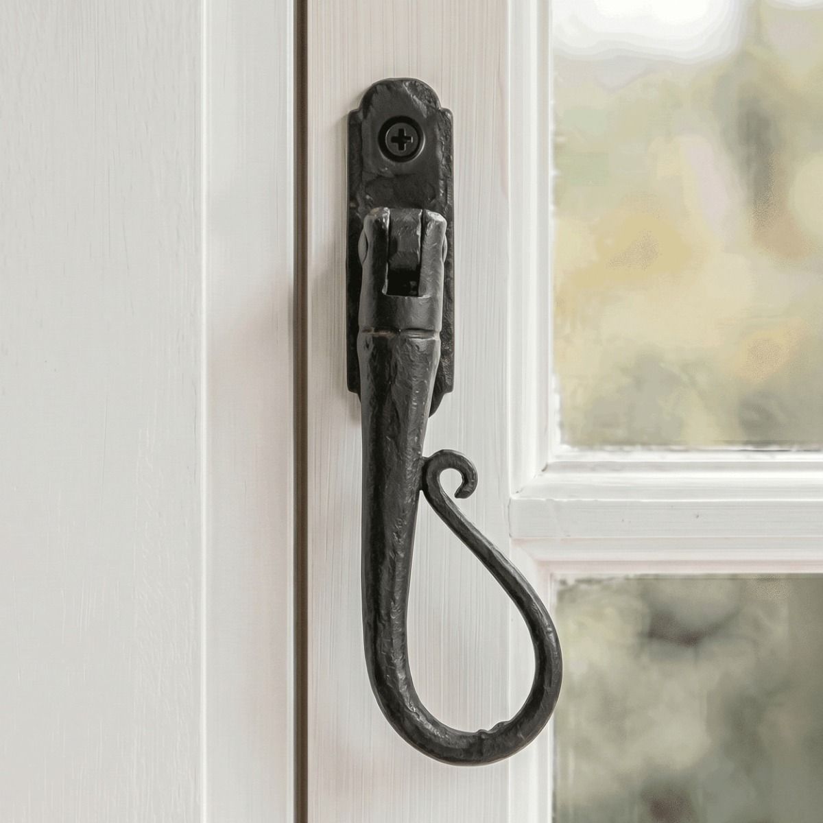 The Right Handed 20mm Beeswax Shepherd"s Crook Espagnolette Window Handle Fitted on a Traditional White Hand Painted Window Frame 