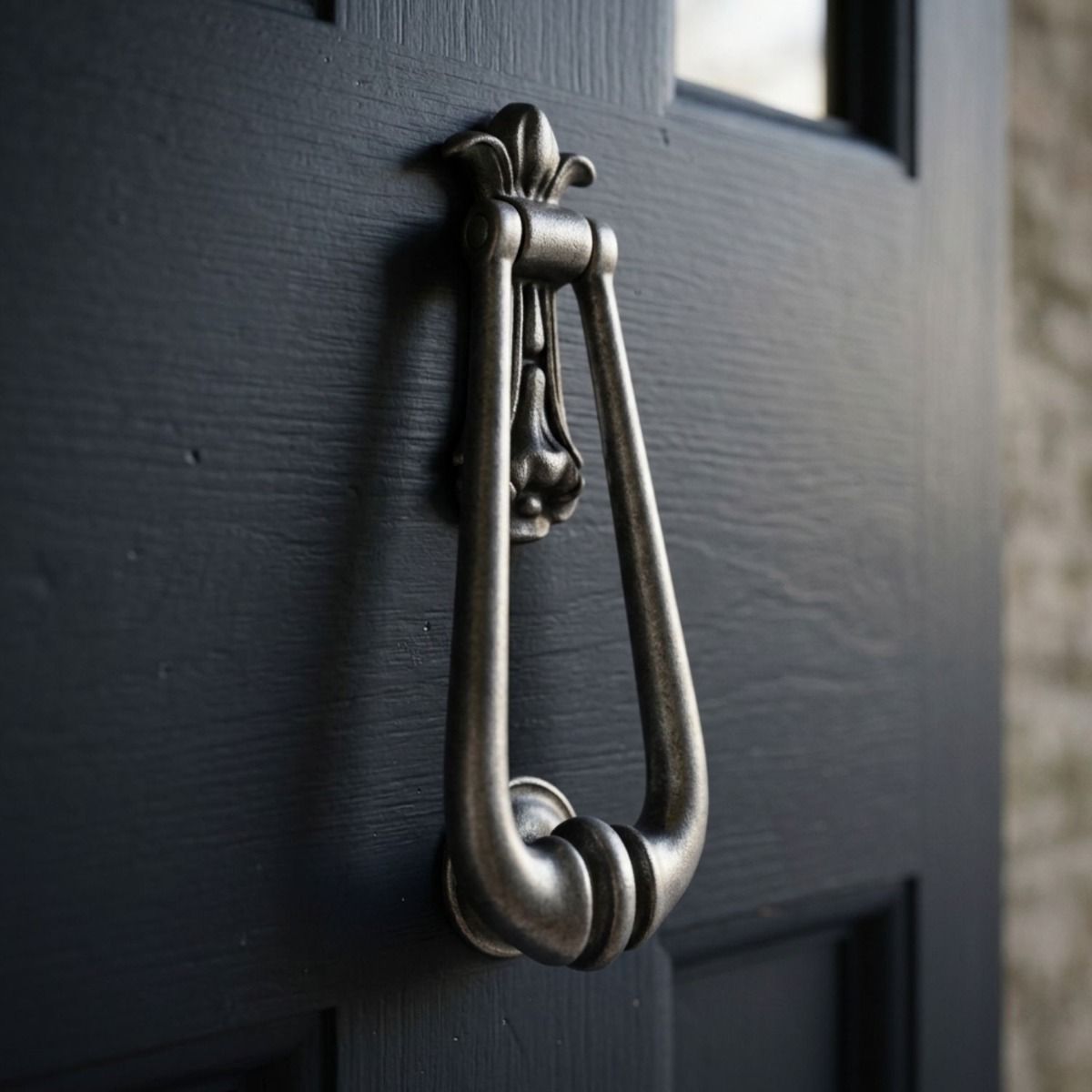 The "Addison Loop" Antique Pewter Door Knocker Shown on an Open Door to a Period Home - Digital Illustration
