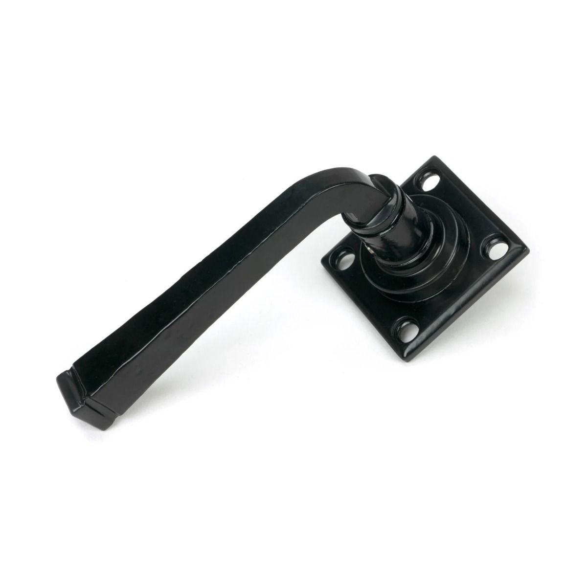 The "Arya" Unsprung Black Iron Door Handle Set Shown on its Side on a White Background  