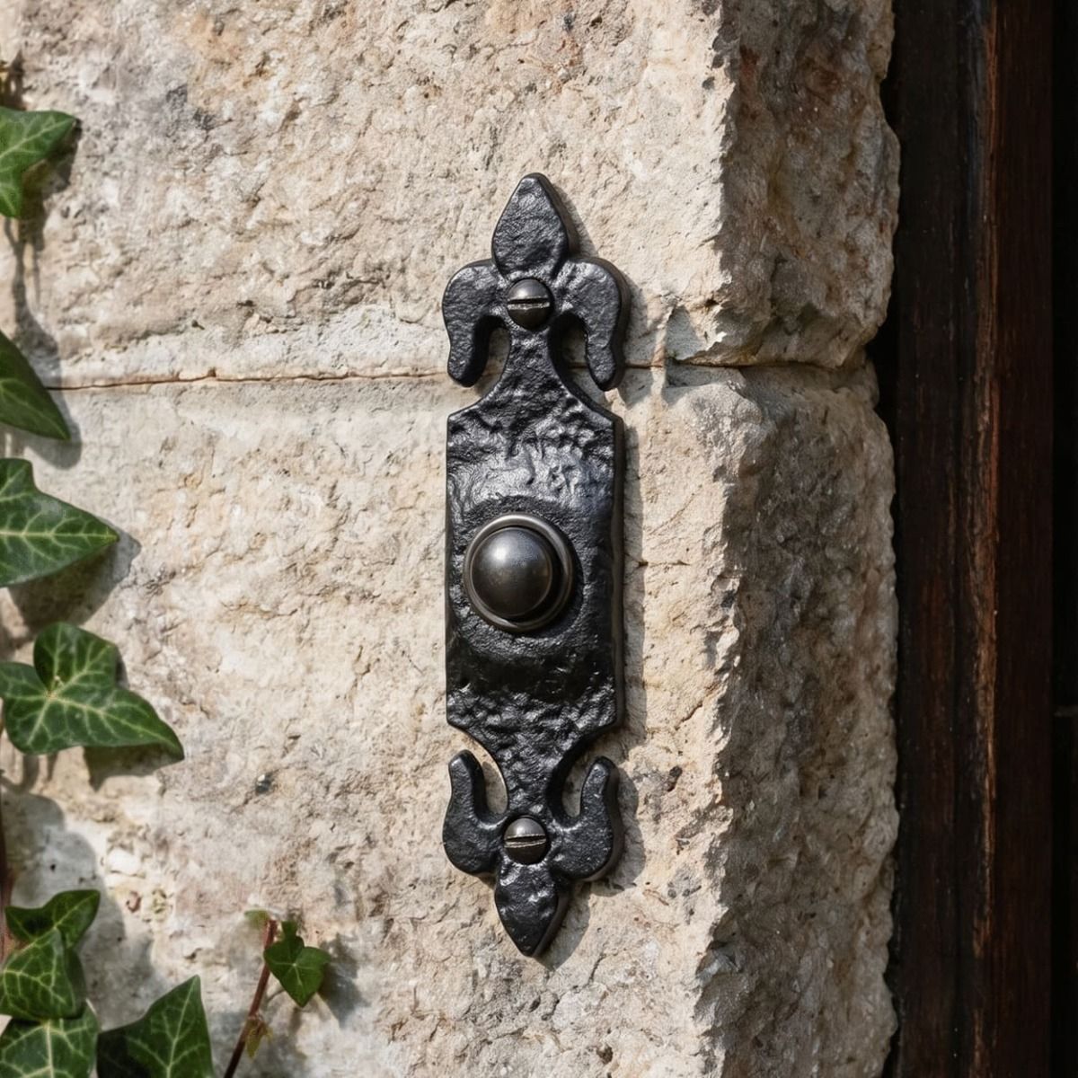 The "Astwood Place" Black Fleur De Lys Iron Bell Push on an Ivy Covered Wall on a Country Home - Digital Illustration