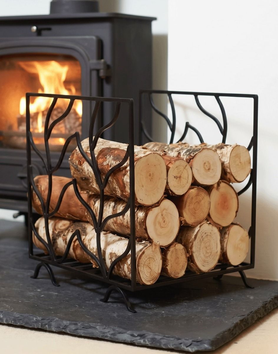 The "Attingham" Leaf Style Log Rack next to a Lit Log Burner Stove - Digital Illustration 