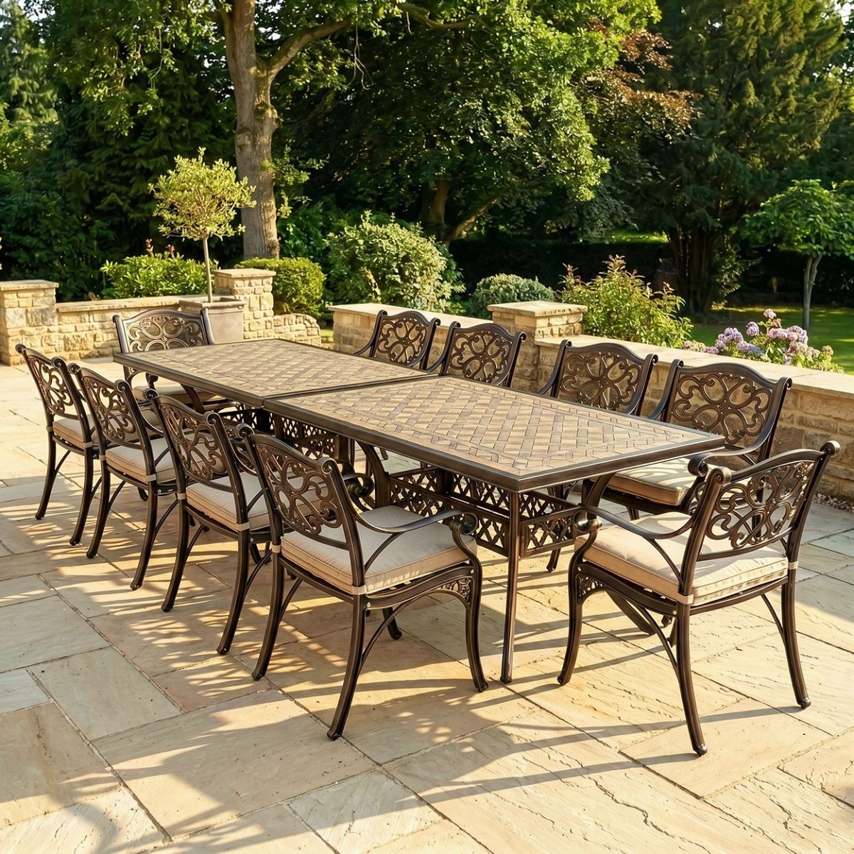 The "Attingham Grand" 12-Seater Outdoor Dining Set - Antique Copper Digital Illustration