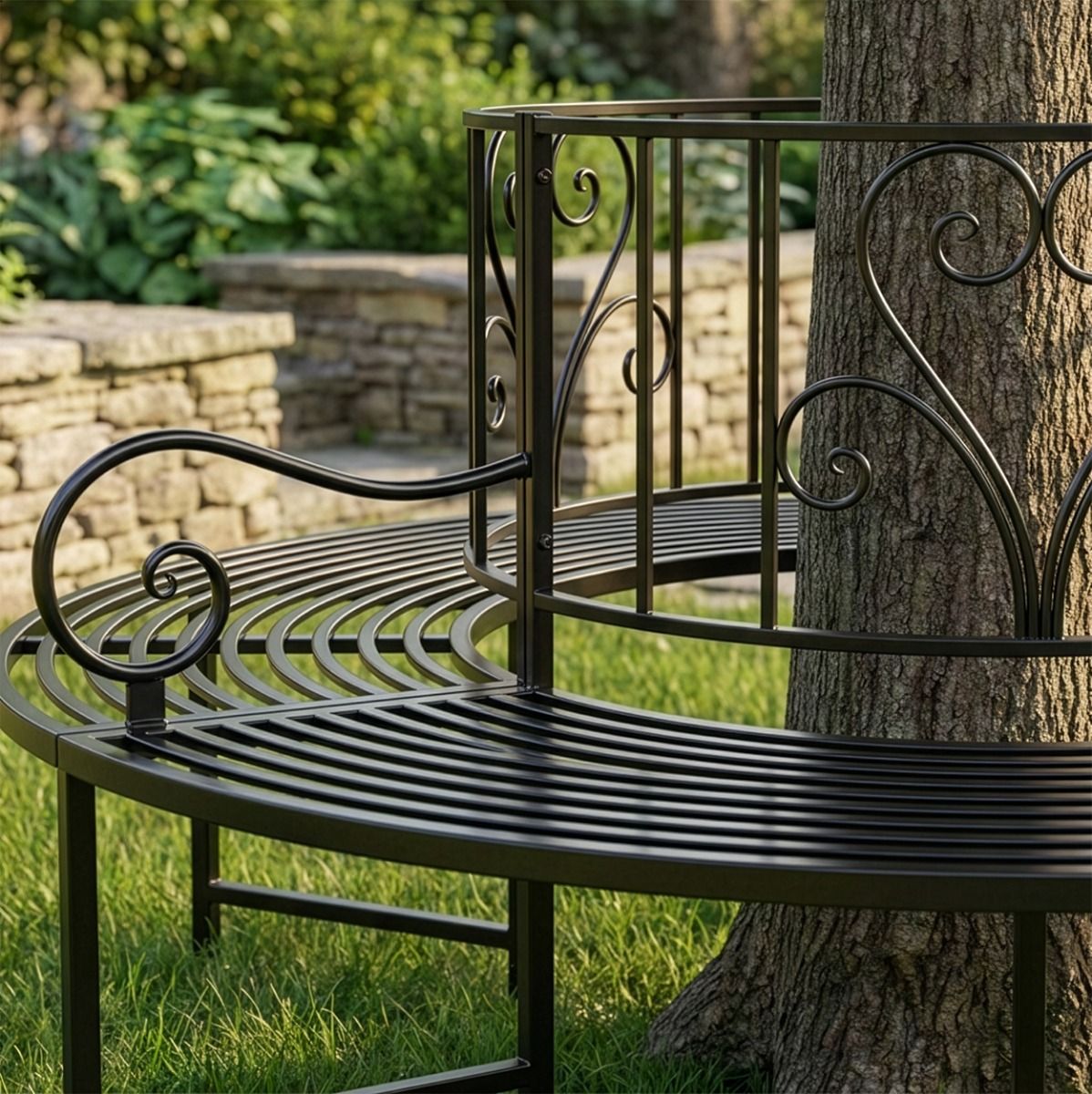 The "Averley" Circular Wrap-Around Garden Tree Bench in a Black Finish Around the Base of a Tree Close up of the Left Side- Digital Illustration