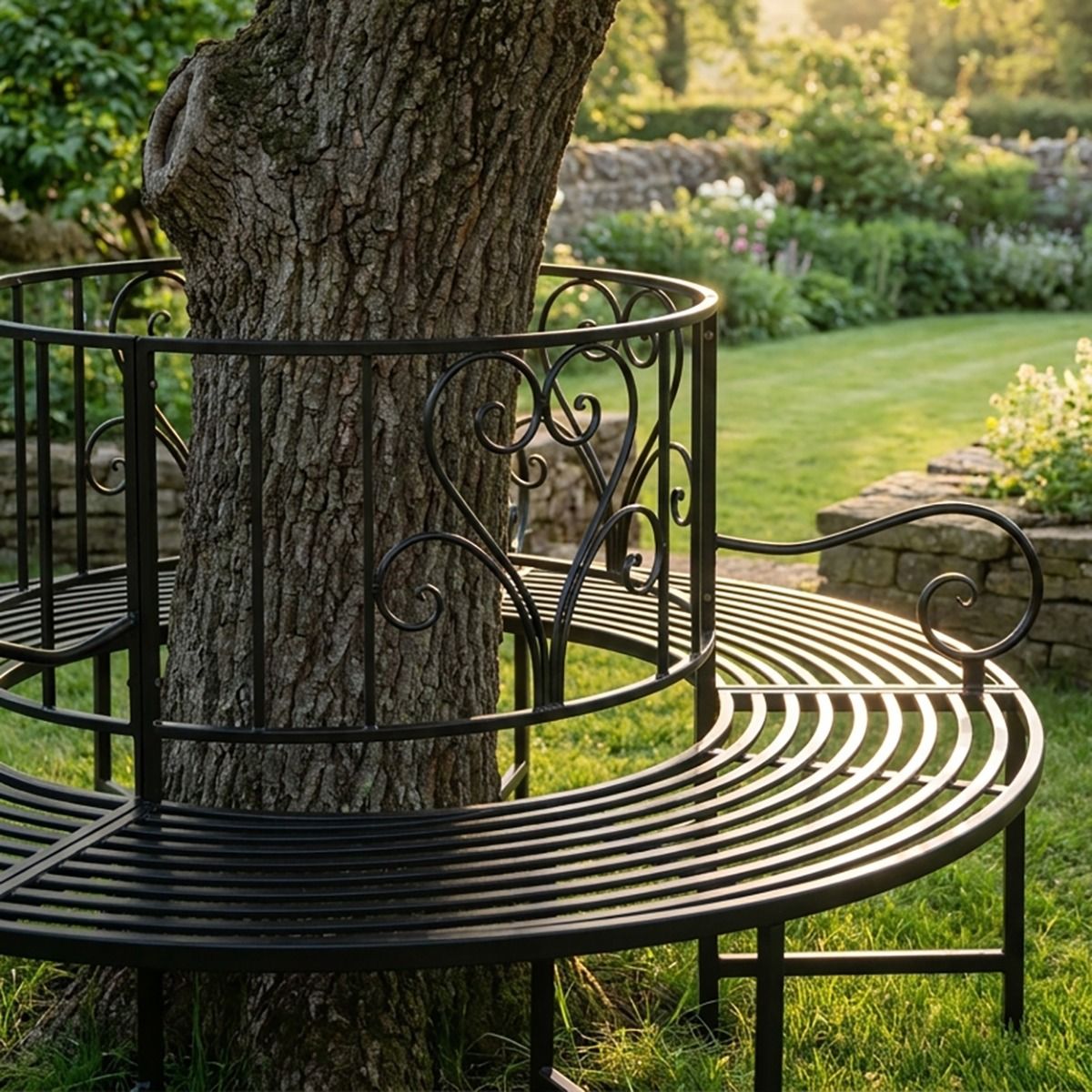 The "Averley" Circular Wrap-Around Garden Tree Bench in a Black Finish Around the Base of a Tree Close up of the Right Side- Digital Illustration