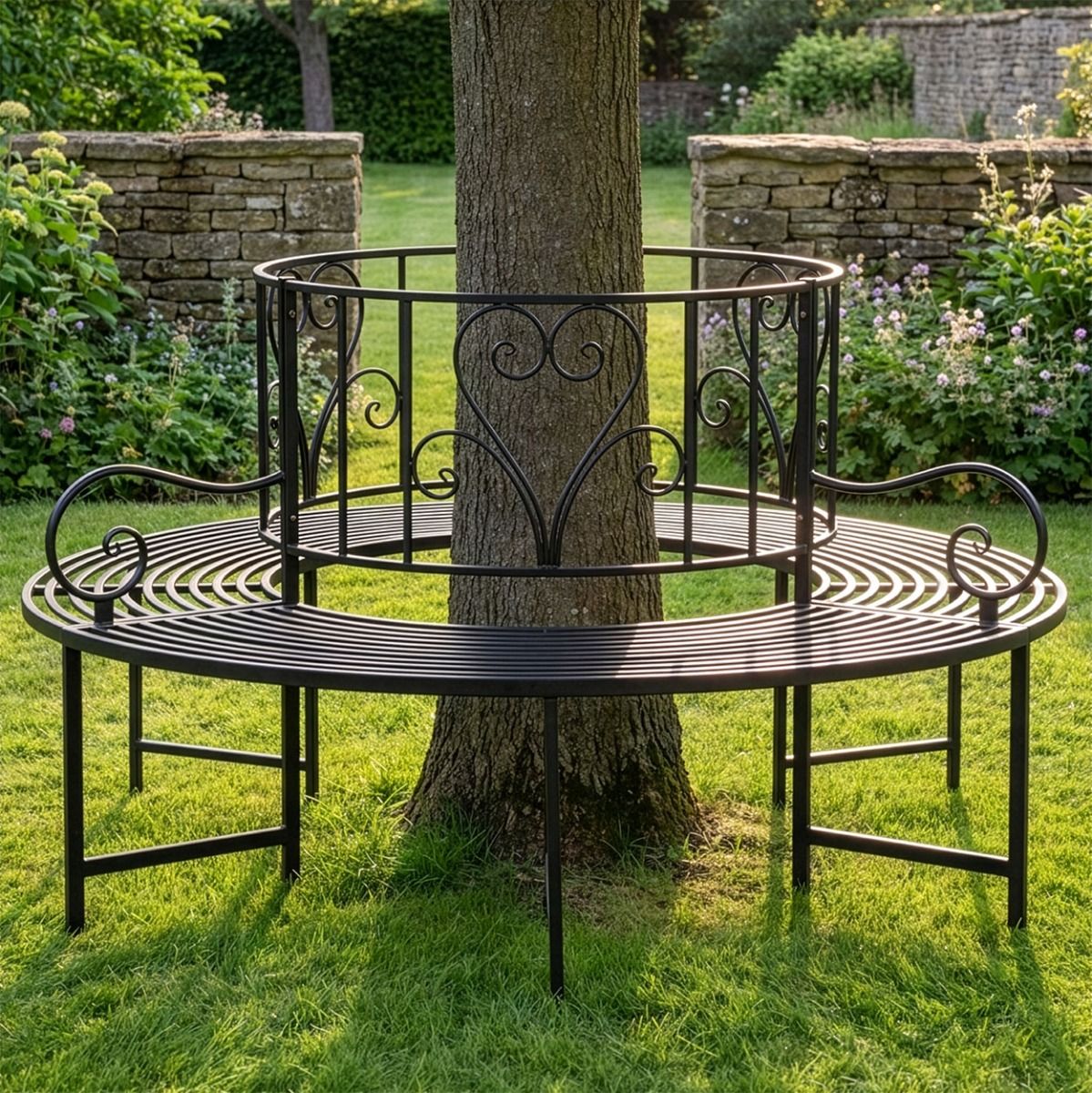 The "Averley" Circular Wrap-Around Garden Tree Bench in a Black Finish Around the Base of a Tree in a Summer Garden - Digital Illustration 