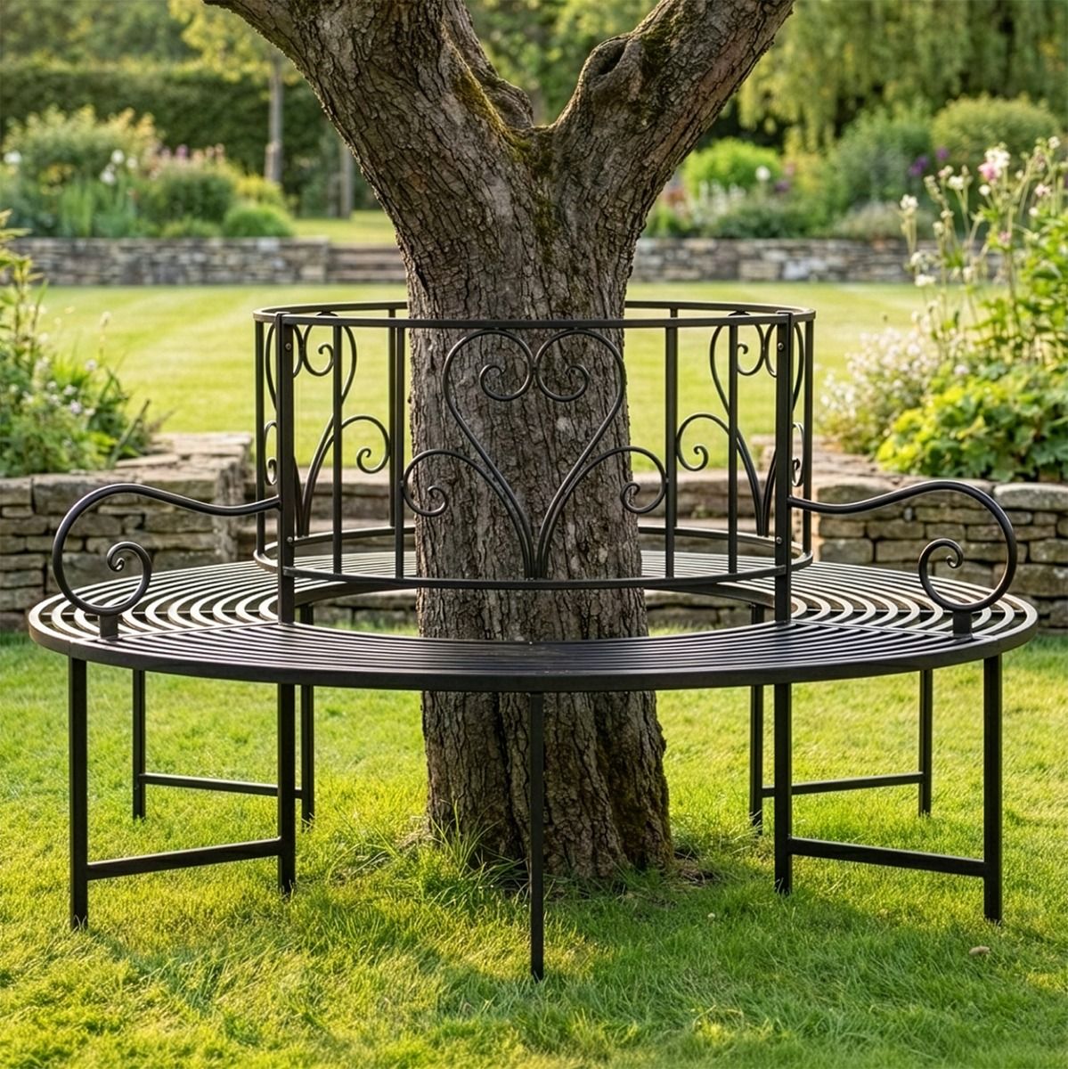 The "Averley" Circular Wrap-Around Garden Tree Bench in a Black Finish Around the Base of a Tree in a Walled Garden - Digital Illustration
