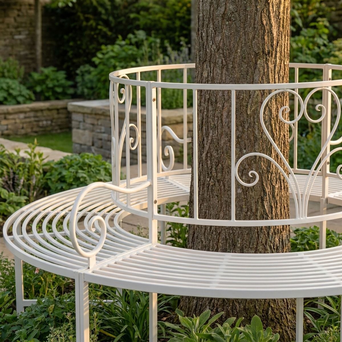 The "Averley" Circular Wrap-Around Garden Tree Bench in a Cream Finish Shown in a Sunny Garden Around the Base of a Tree Looking Close up at the Left Side- Digital Illustration 