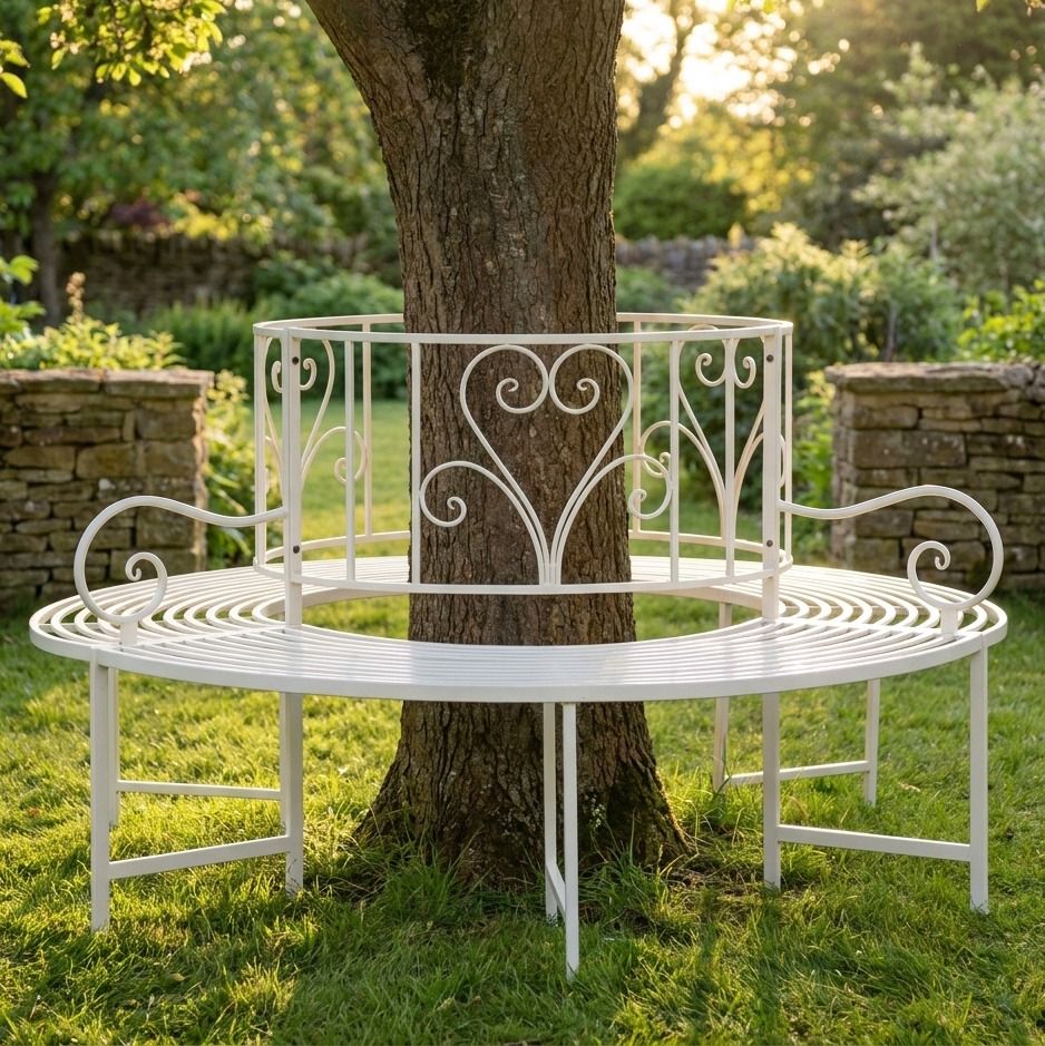 The "Averley" Circular Wrap-Around Garden Tree Bench in a Cream Finish Shown in a Sunny Garden Around the Base of a Tree Seen from a Low Angle- Digital Illustration 