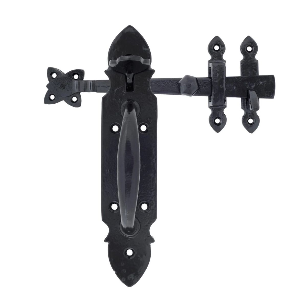 The "Avice" Suffolk Latch Shown Fully Assembled on a White Background