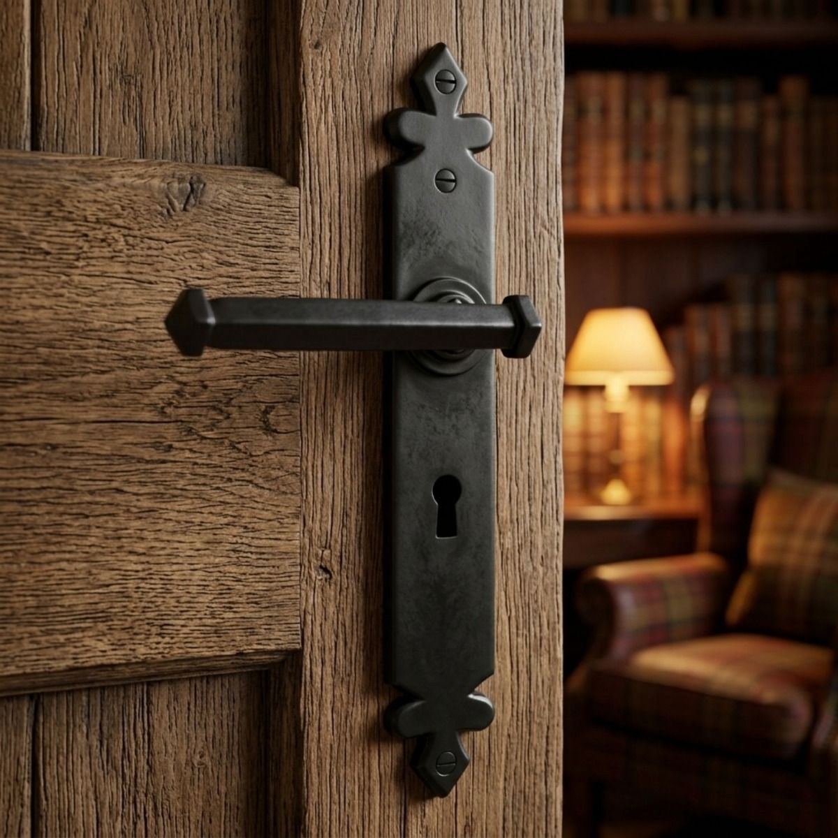 The "Azzaro" Beeswax Tudor Lever Lock  on a Wooden Door leading to a Library in a Home - Digital Illustration