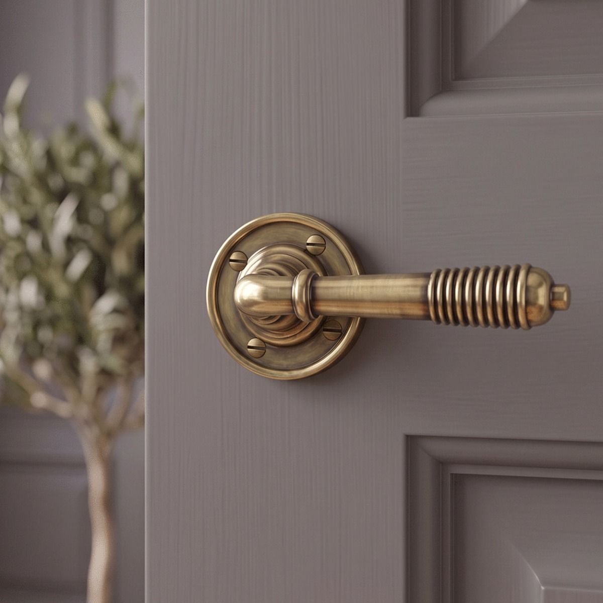 The "Balcroft" Antique Brass Beehive Lever Handles on a Grey Door in a Modern Home - Digital Illustration