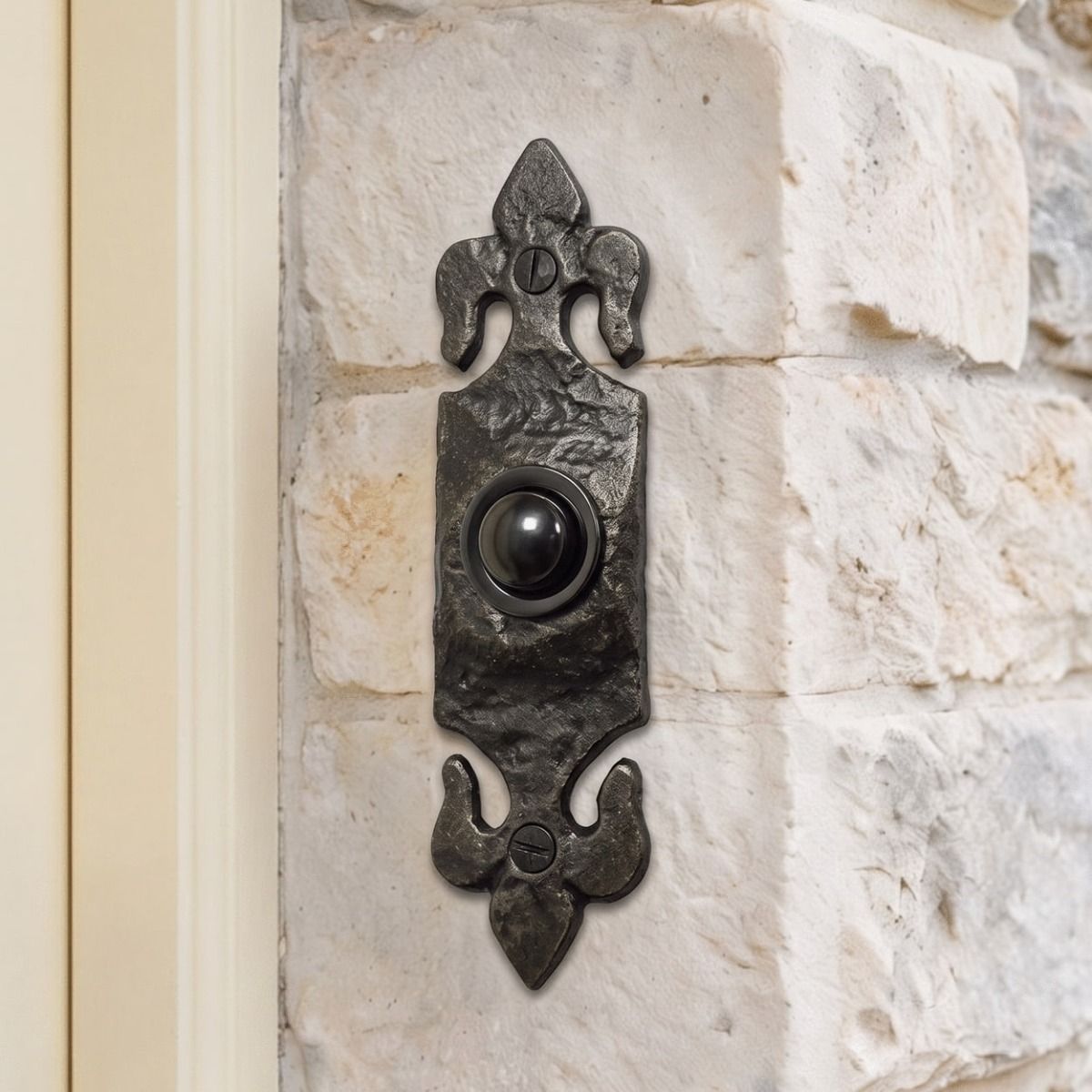 The "Bolsover House" Fleur De Lys Iron Bell Push on a White Stone Coloured Wall next to a Cream Coloured Door - Digital Illustration