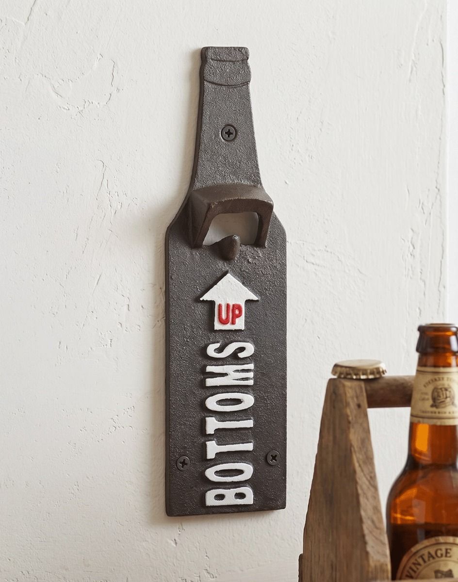 The "Bottoms Up" Wall Bottle Opener on a White Painted wall next to a Bottle of Beer - Digital Illustration