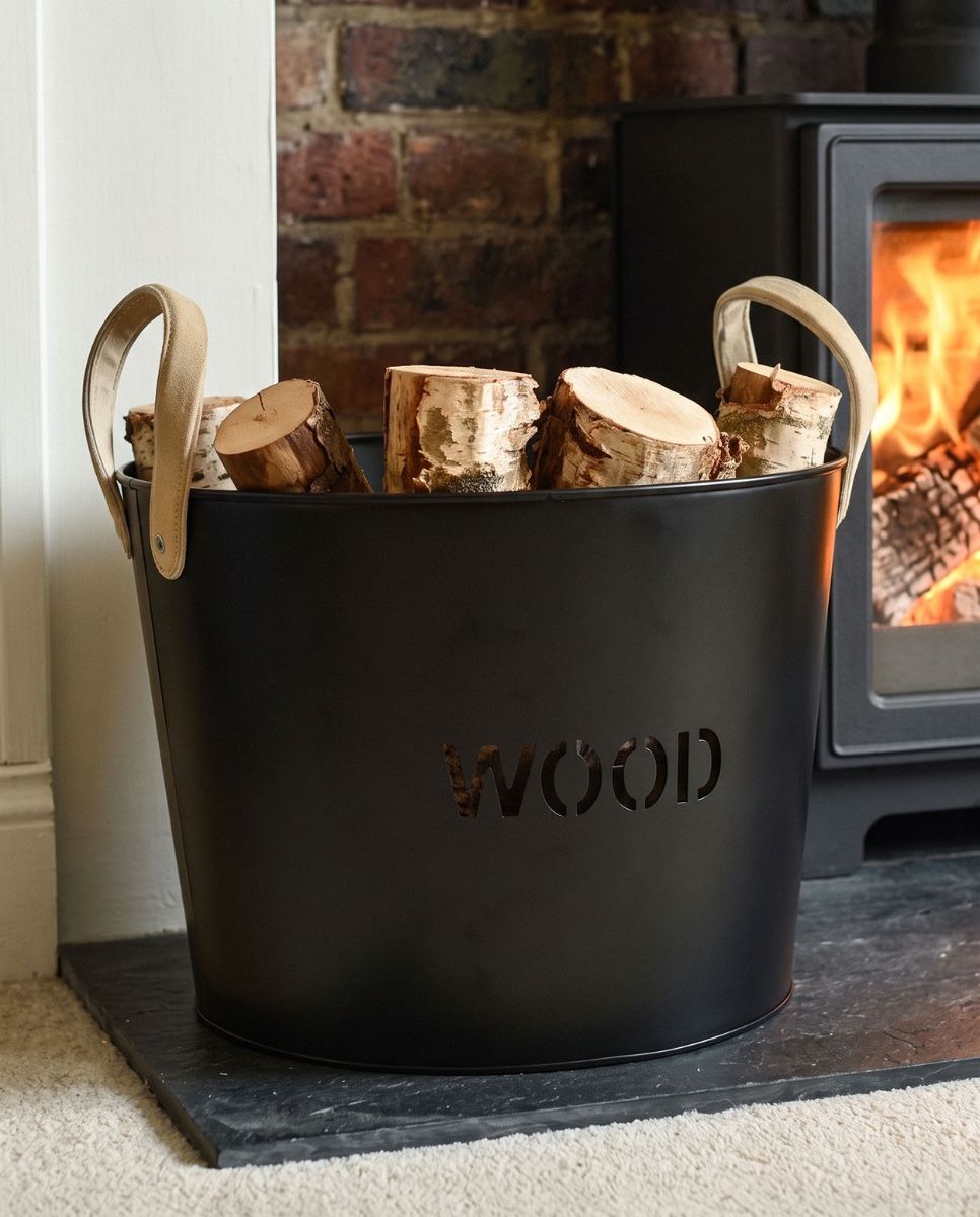 The "Brettington" Powder Coated Iron Wood Basket on a Black Stone Fireplace in a Modern Home - Digital Illustration