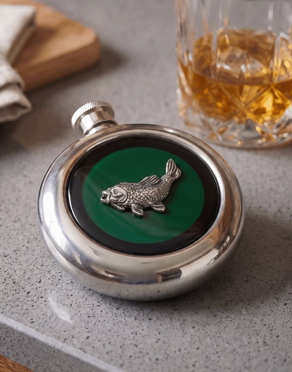 The "Cape Cod" stainless steel Hip Flask on a Grey Countertop with a Glass of Whiskey next to it - Digital Illustration