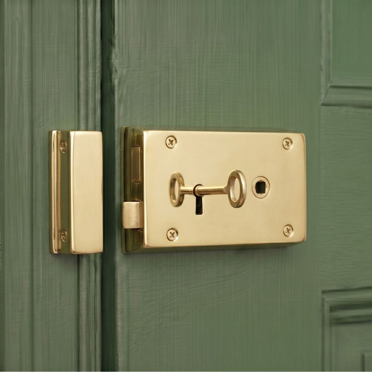 The "Castille" Large Solid Brass Rim Lock on a Green Right Hand Entrance Door - Digital Illustration 