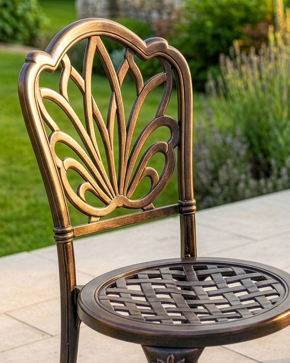The "Charlotte" 2-Seater Outdoor Mosaic Bistro Set - Antique Bronze digital illustration chair close up