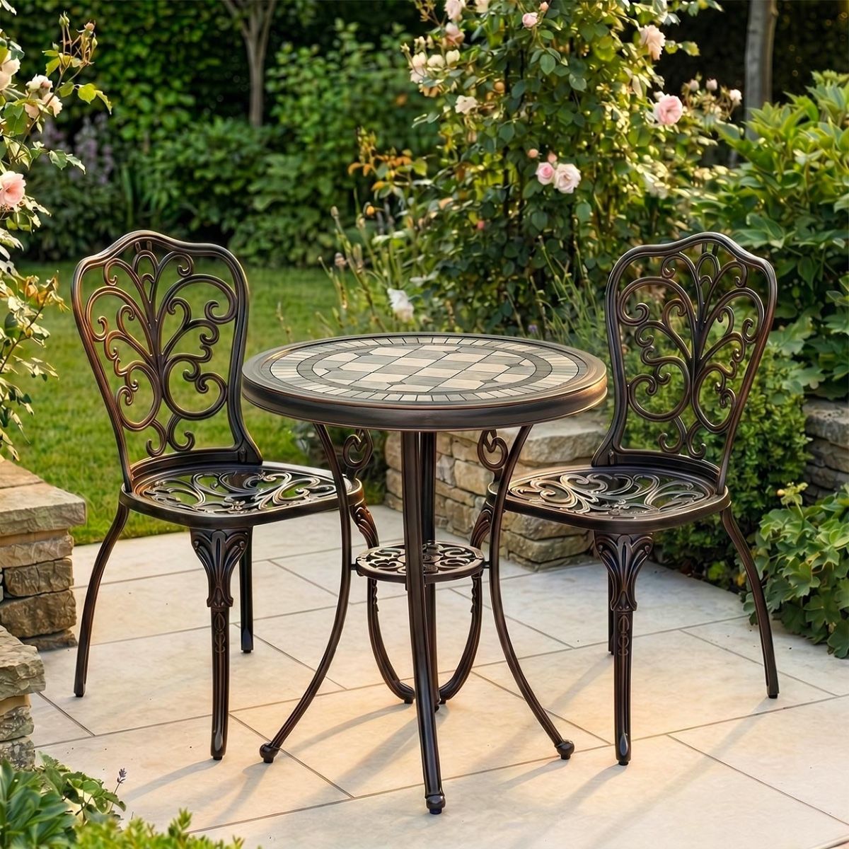 The "Charlotte" 2-Seater Outdoor Mosaic Bistro Set - Antique Bronze Digital Illustration New