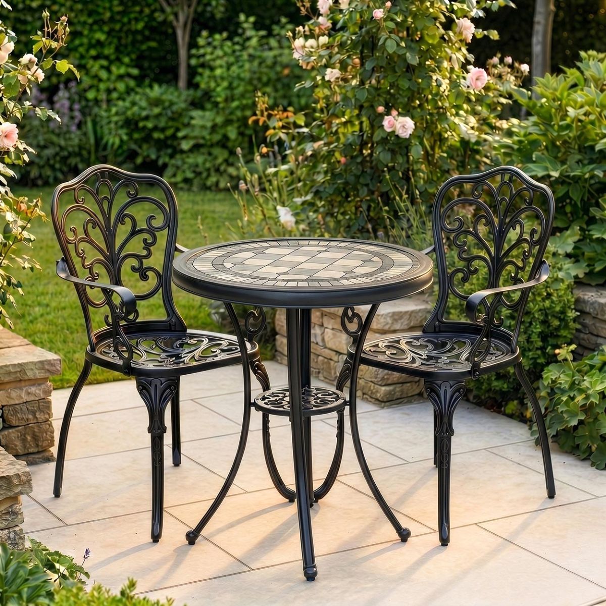 The "Charlotte" 2-Seater Outdoor Mosaic Bistro Set - Black Digital Illustration