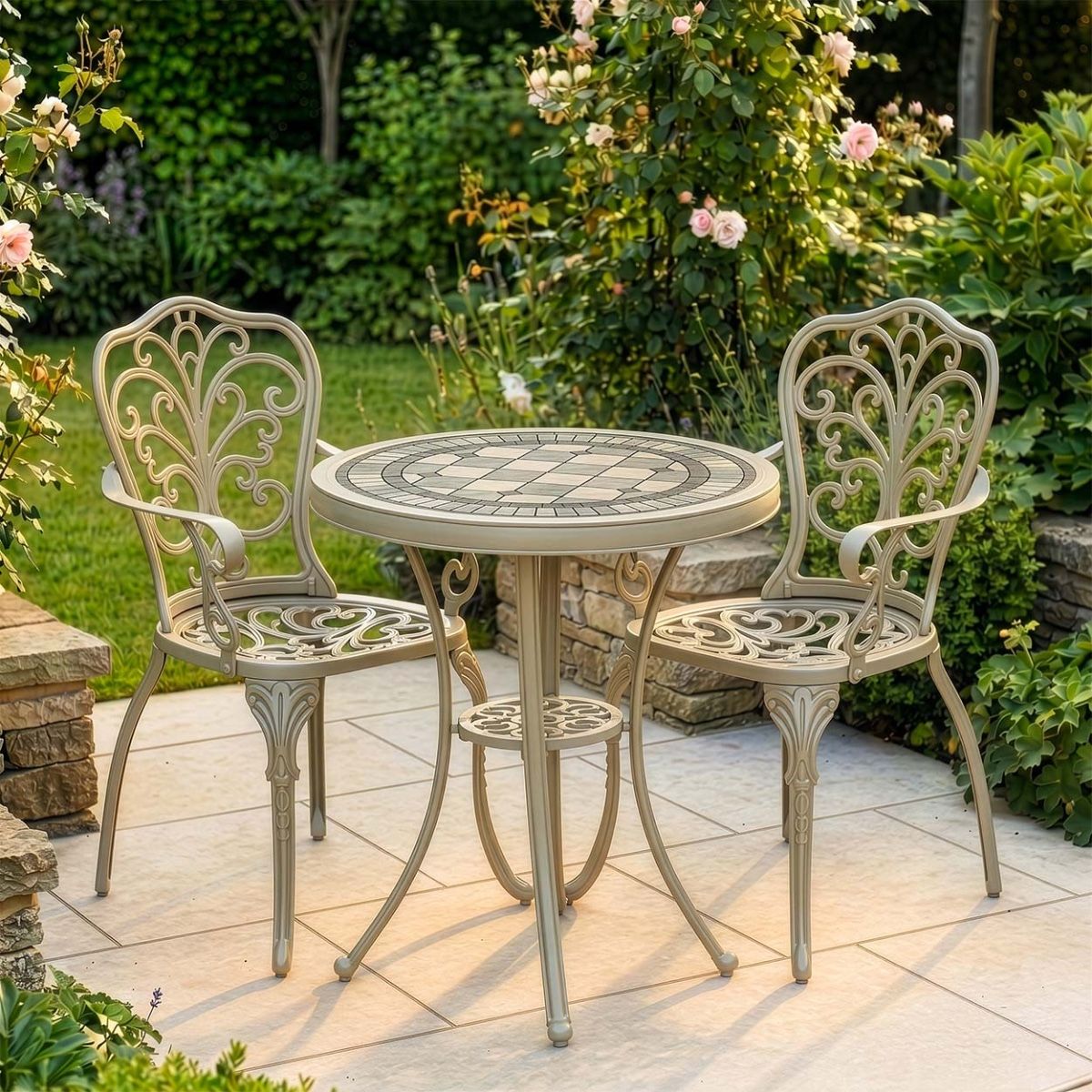 The "Charlotte" 2-Seater Outdoor Mosaic Bistro Set - Antique Champagne