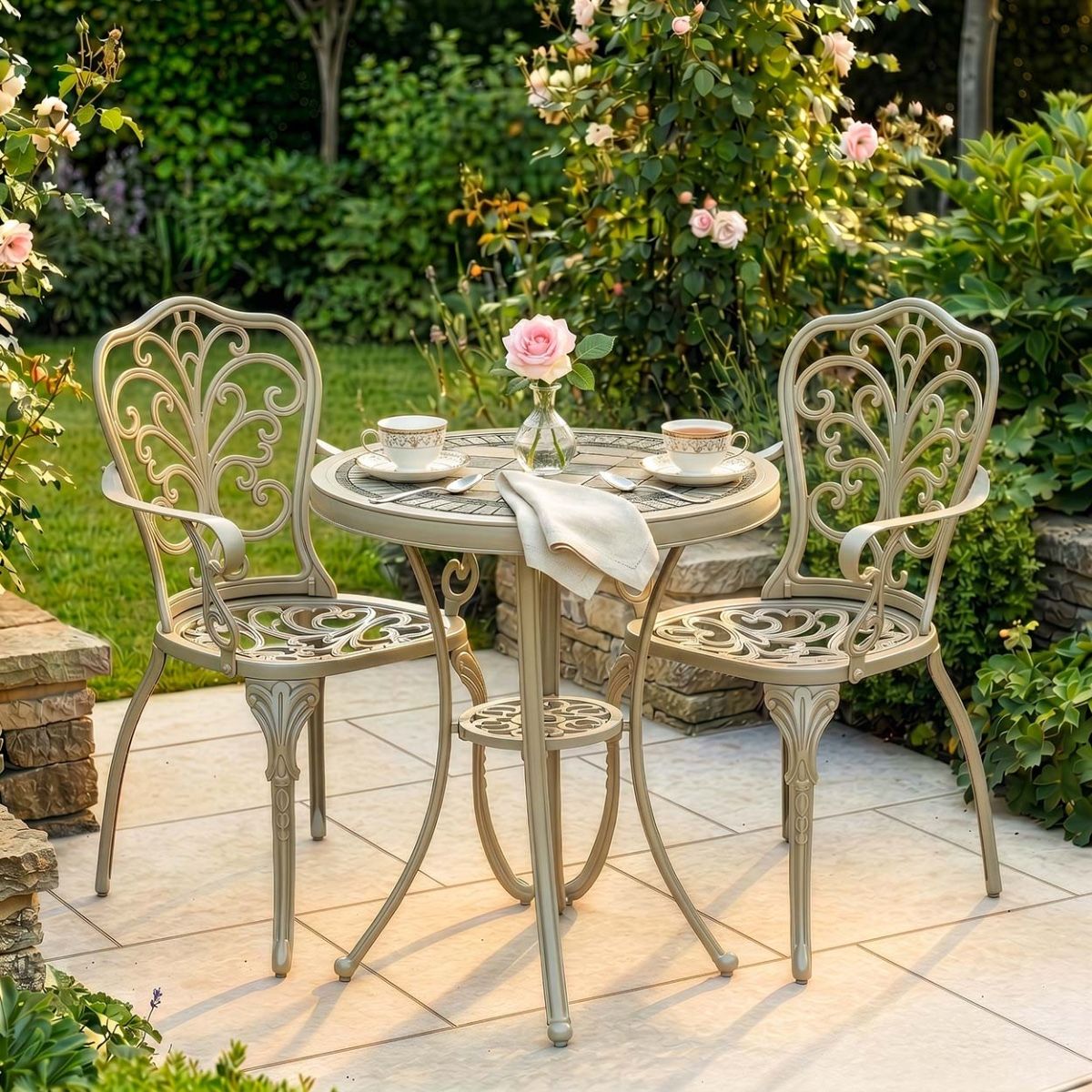 The "Charlotte" 2-Seater Outdoor Mosaic Bistro Set - Antique Champagne Dressed Table