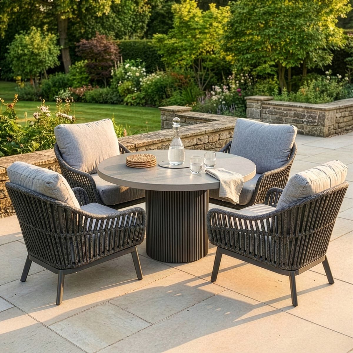 The "Corda Grigio" Woven Rope 4-Seater Outdoor Furniture Set - Grey digital illustration dressed table
