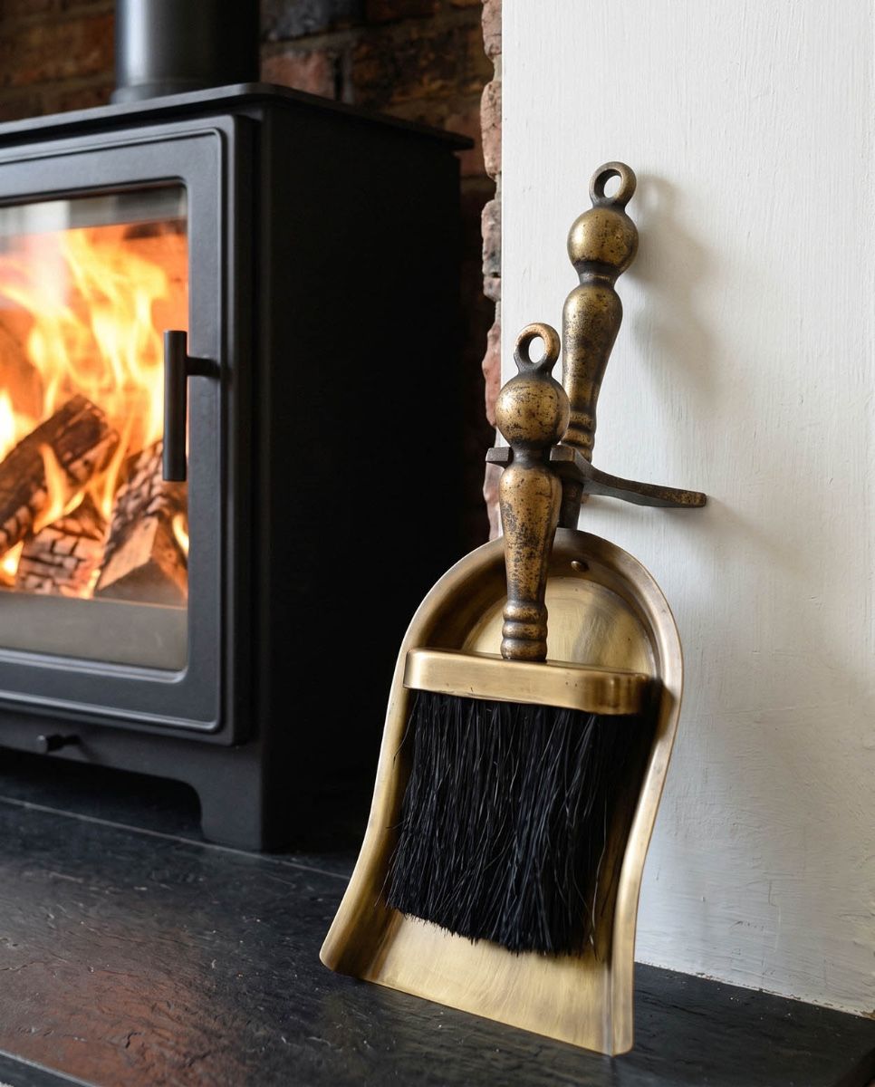 The "Coven Hall" Brush and Pan Set in a Traditional Cottage next to a Fireplace - Digital Illustration