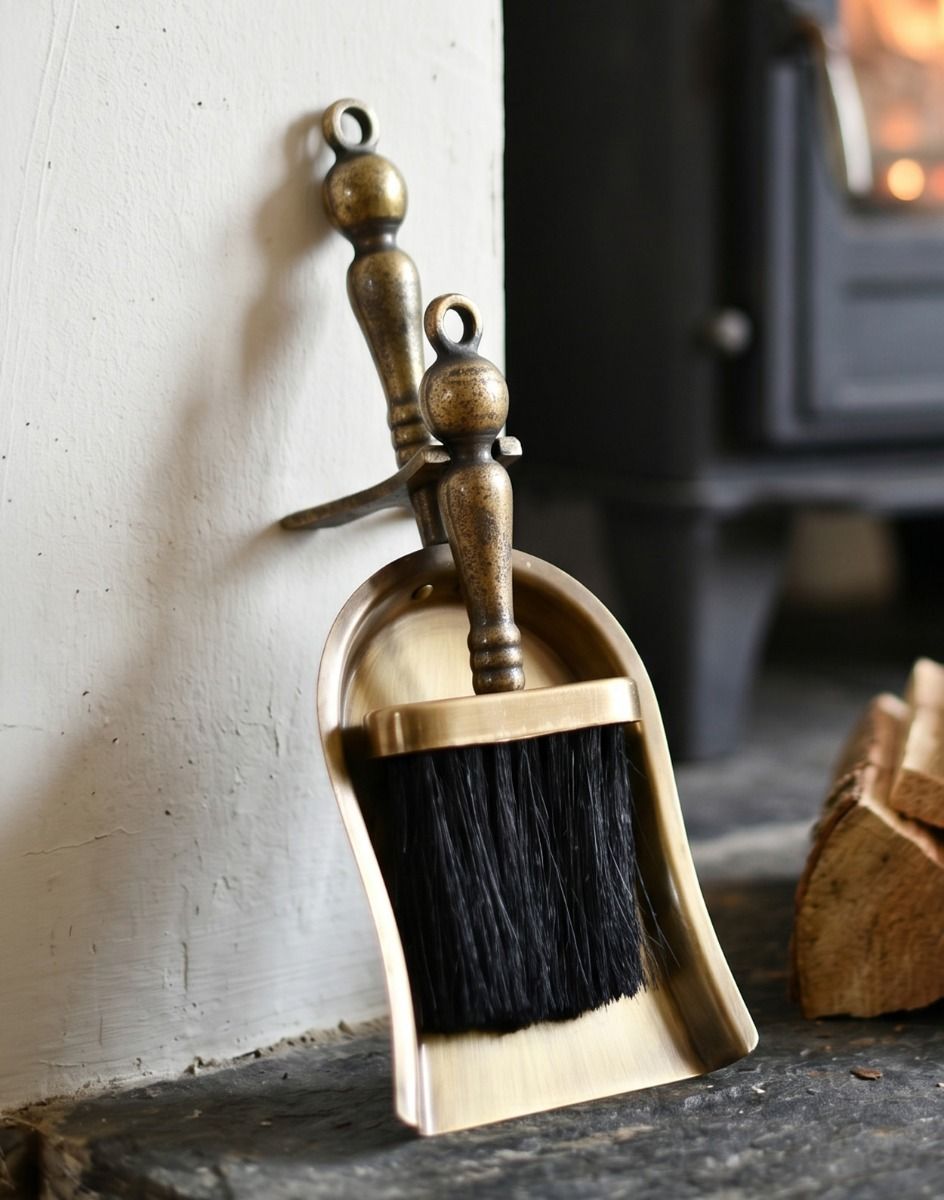 The "Coven Hall" Brush and Pan Set in a Traditional Cottage next to a Fireplace - Digital Illustration