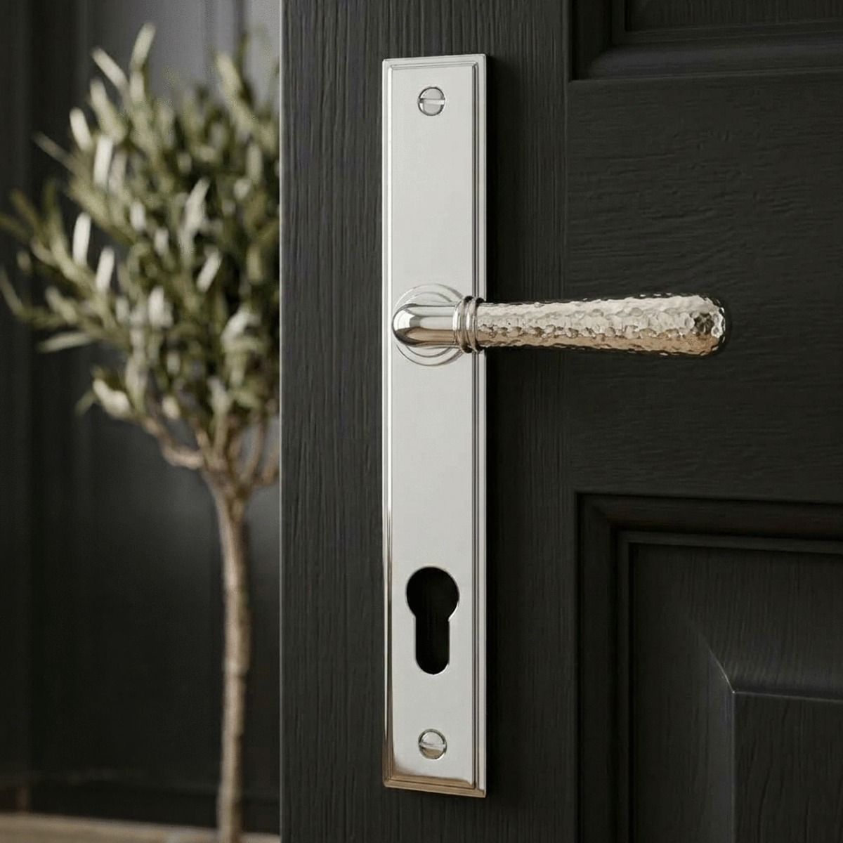The "Cranmore" Polished Nickel Hammered Slimline Lever Door Handle on a Black Door in a Country Home - Digital Illustration