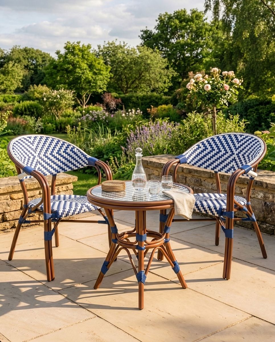 The "Draycott" 2-Seater Rattan Outdoor Dining Set in Situ in the Garden digital illustration dressed table