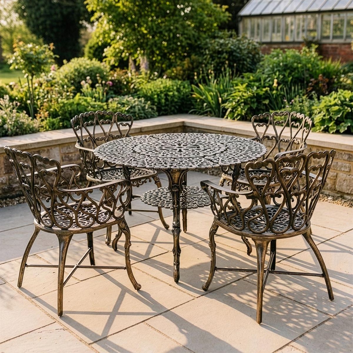 The "Edworth Manor" 4-Seater Outdoor Dining Set - Brushed Gold Digital Illustration