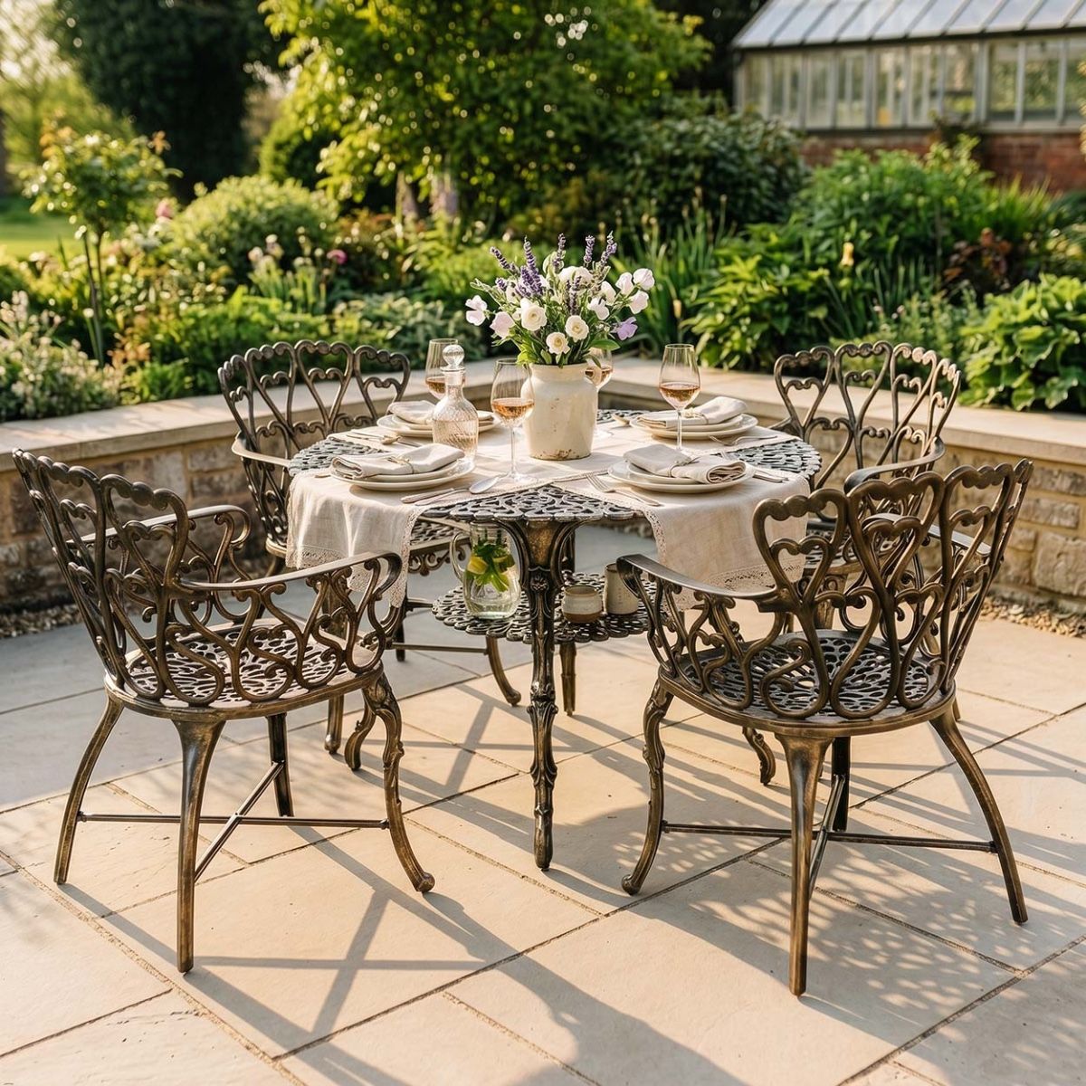 The "Edworth Manor" 4-Seater Outdoor Dining Set - Brushed Gold Digital Illustration Dressed table