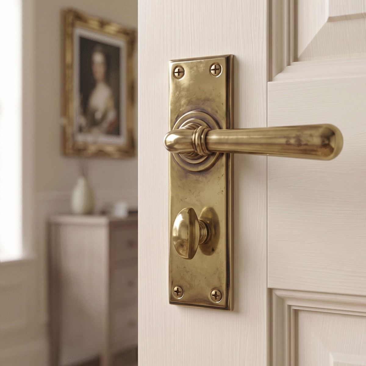 The "Emerson" Antique Brass Sprung Lever Door Handles With Bathroom Lock on the Door of an Ensuite - Digital Illustration