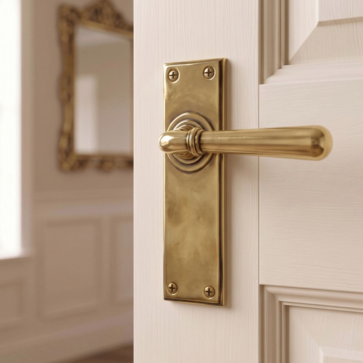 The "Emerson" Antique Brass Sprung Lever Handles Fitted on a White Door in a Period Home Interior - Digital Illustration