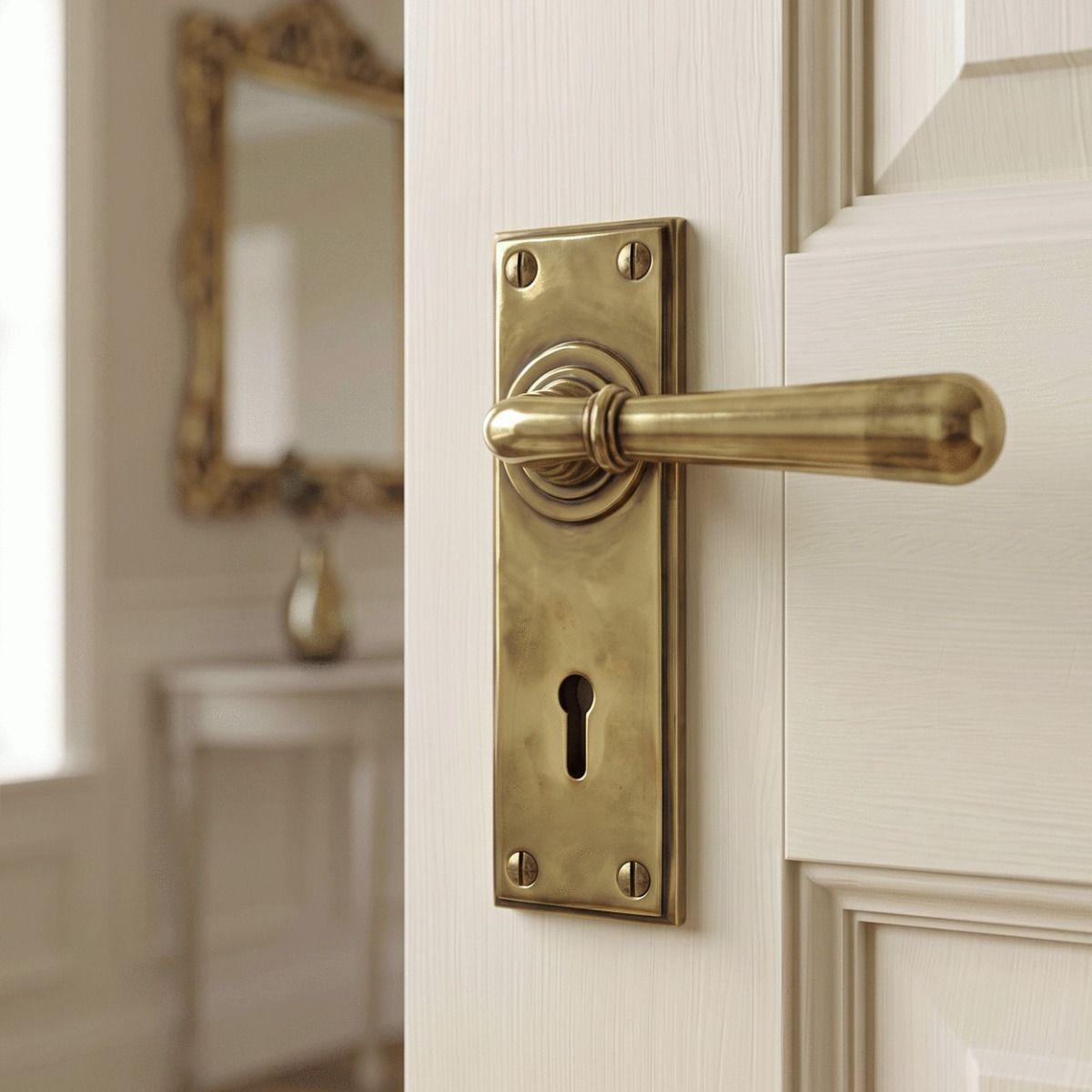 The "Emerson" Antique Brass Sprung Lever Handles with Keyhole on a Cream Coloured Door in a Country Home - Digital Illustration