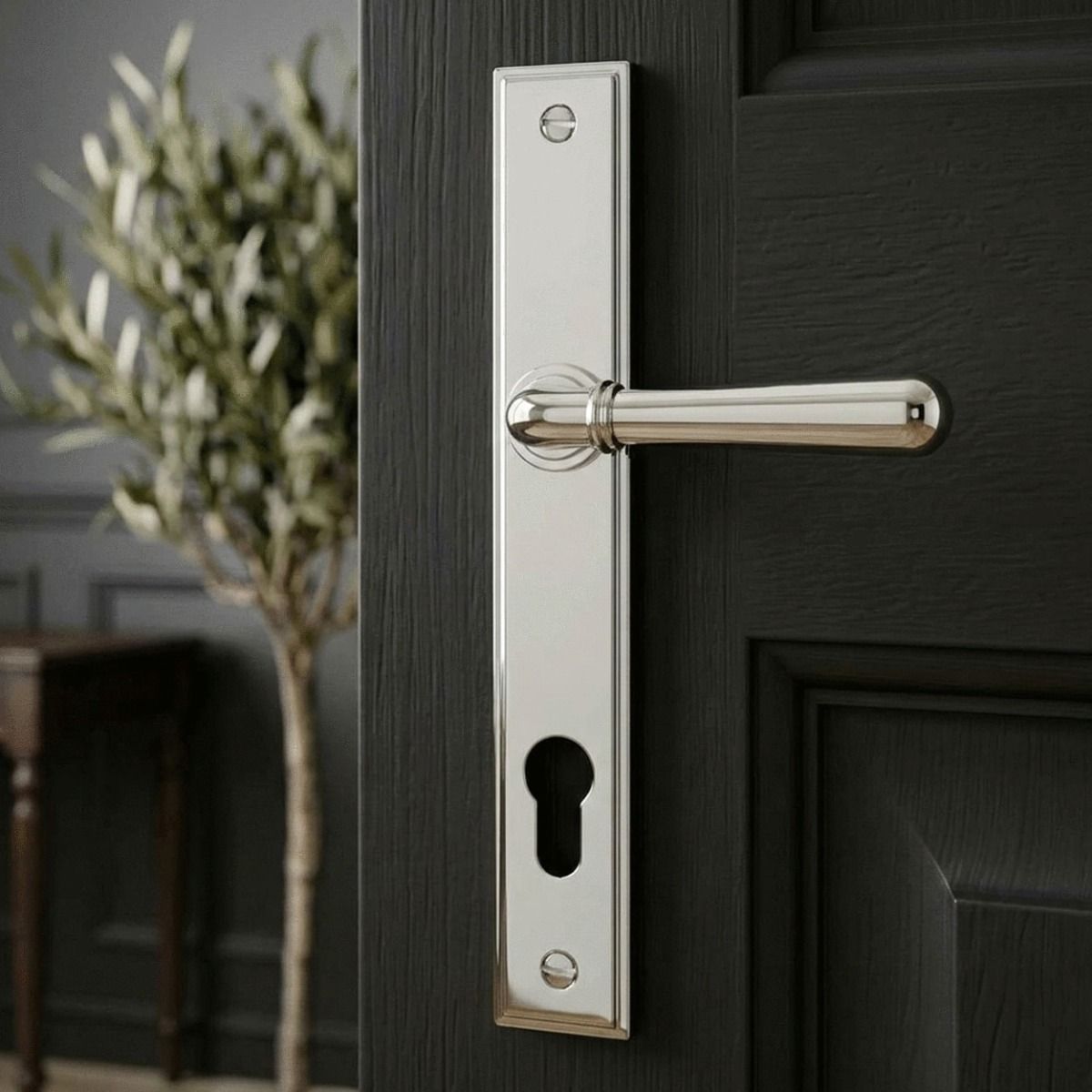 The "Emerson" Slim Nickel Lever Door Handle on a Black Door in a Modern Interior Setting - Digital Illustration 